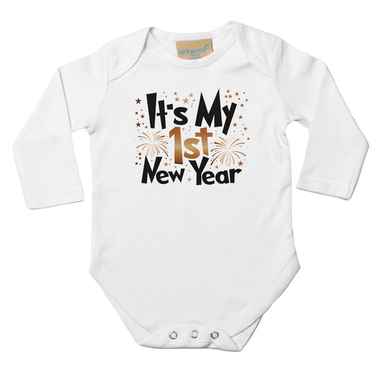 Unisex Baby Langarm Body mit Aufdruck - It´s My first New Year - 100% Baumwolle - Größe bis 18 Monate bzw. 86 - Strampler Body mit Aufdruck -