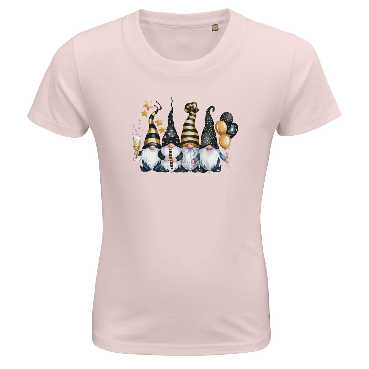 Kinder BIO Kurzarm Rundhals-T-Shirt mit Print für den Jahreswechsel bzw. Silvester - süße Wichtel feiern - körperbetonter Schnitt - Größe 86 bis 152 und mehrere Farben - Pale Pink