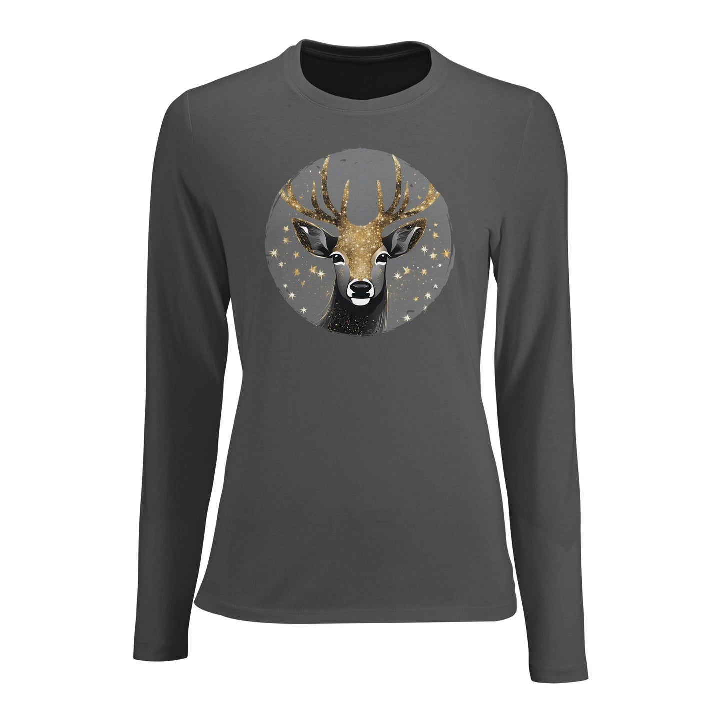 Tailliertes Damen Langarm-T-Shirt mit Hirsch als elegantem Aufdruck - grau weiß gold schwarz - charcoal melange