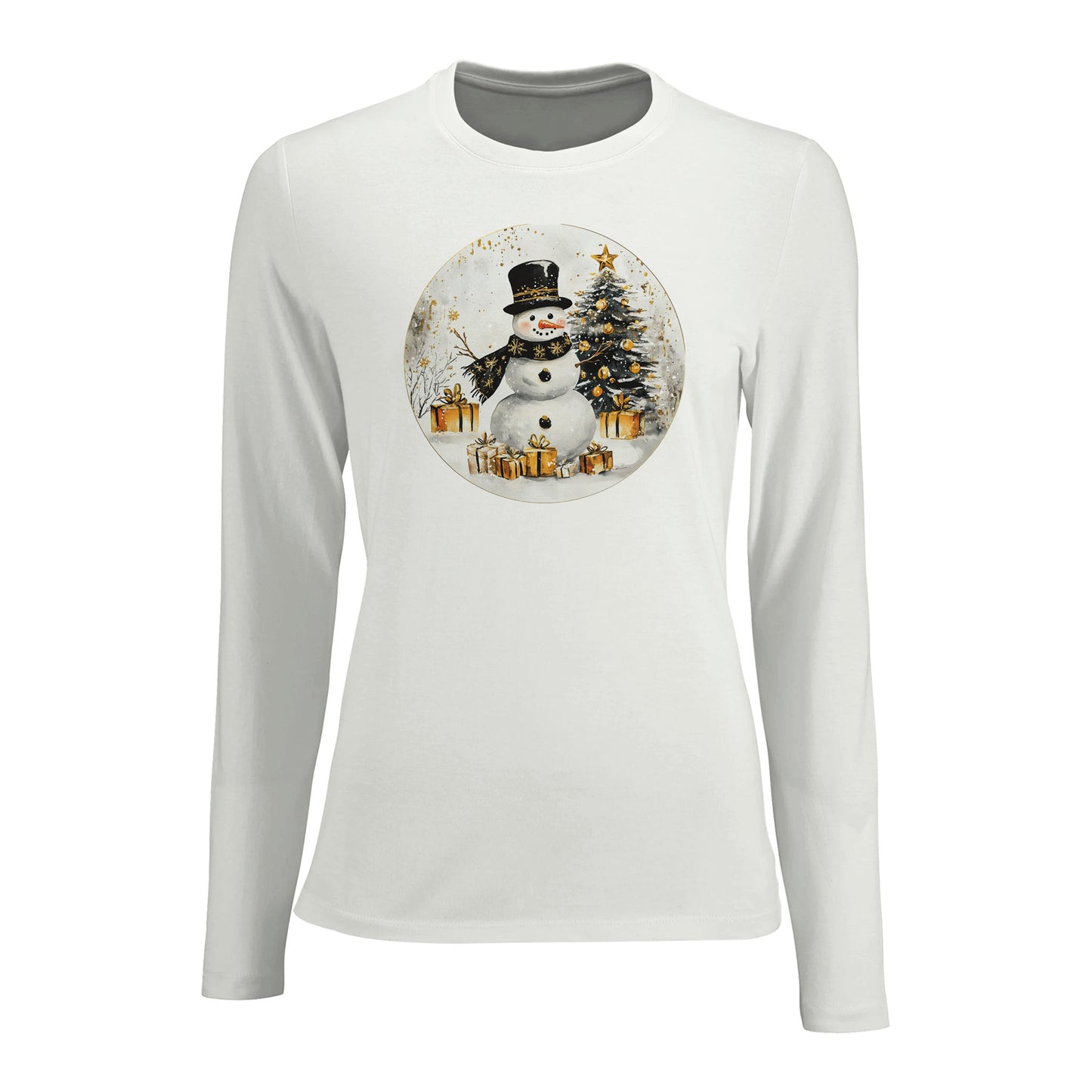 Tailliertes Damen Langarm-T-Shirt mit Schneemann, Christbaum und Geschenke - schwarz weiß gold - Weiß