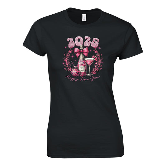 Tailliertes Damen Kurzarm T-Shirt mit Print für den Jahreswechsel – Happy New Year 2025 mit Sekt – pink schwarz weiß - auch in großen Größen - Schwarz