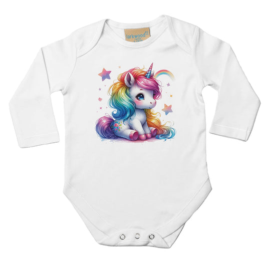 Unisex Baby Langarm Body mit Aufdruck - Einhorn Mädchen mit Regenbogen und Sterne - 100% Baumwolle - Größe bis 18 Monate bzw. 86 - Strampler Body mit Aufdruck -