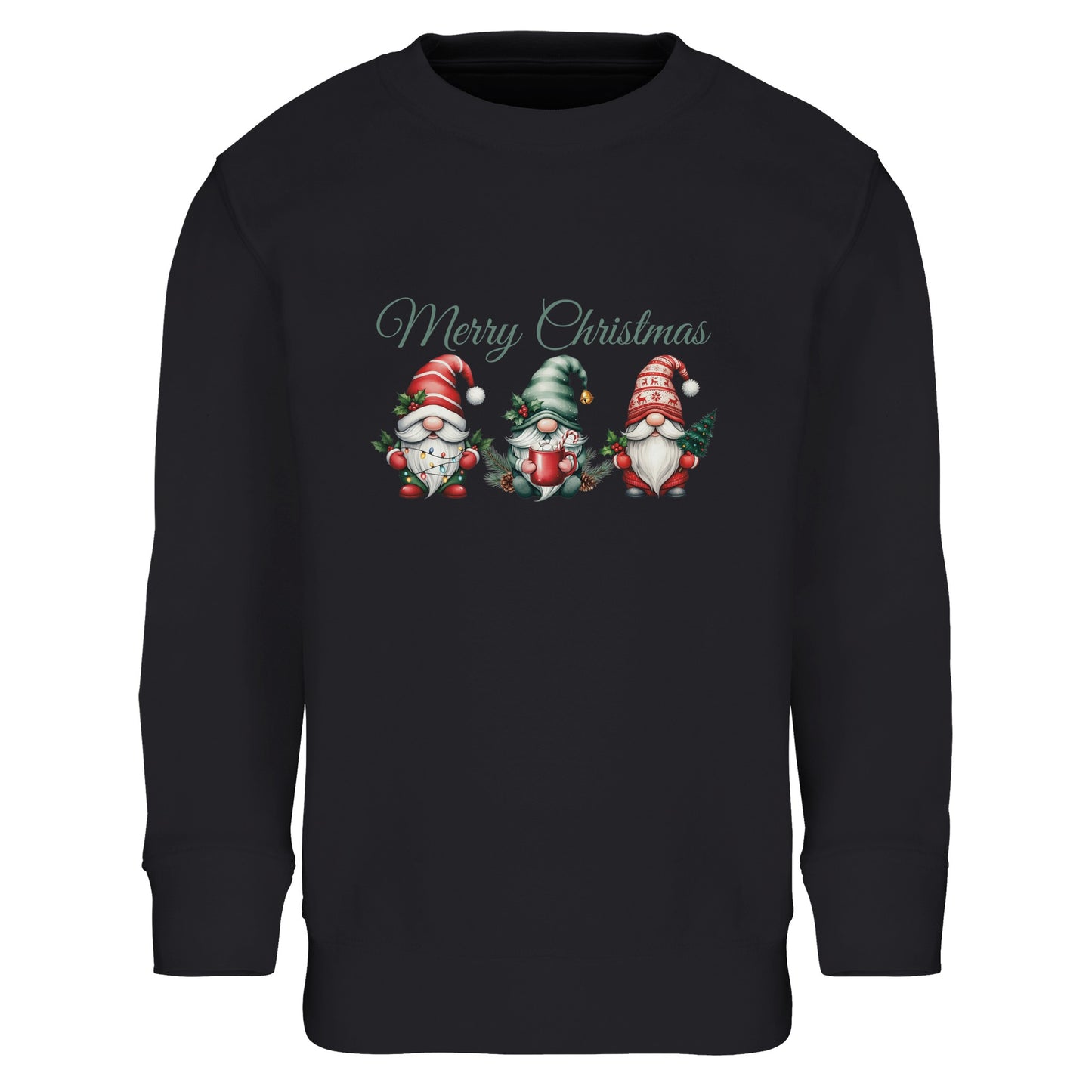 Unisex Kinder Sweatshirt mit drei Wichtel und Merry Christmas - hübscher Print für Weihnachten und Winter - 4 bis 14 Jahre – in vielen Farben und Größen - gebürstet - Schwarz