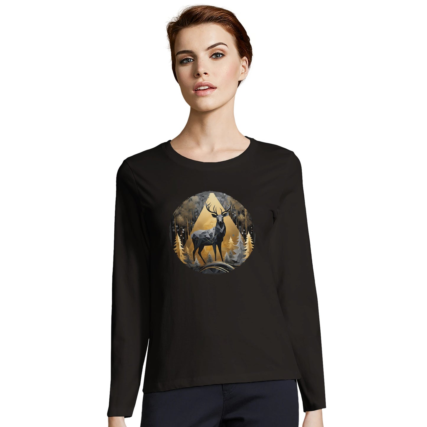 Tailliertes Damen Langarm-T-Shirt mit Hirsch als elegantem Aufdruck - schwarz grau weiß gold -