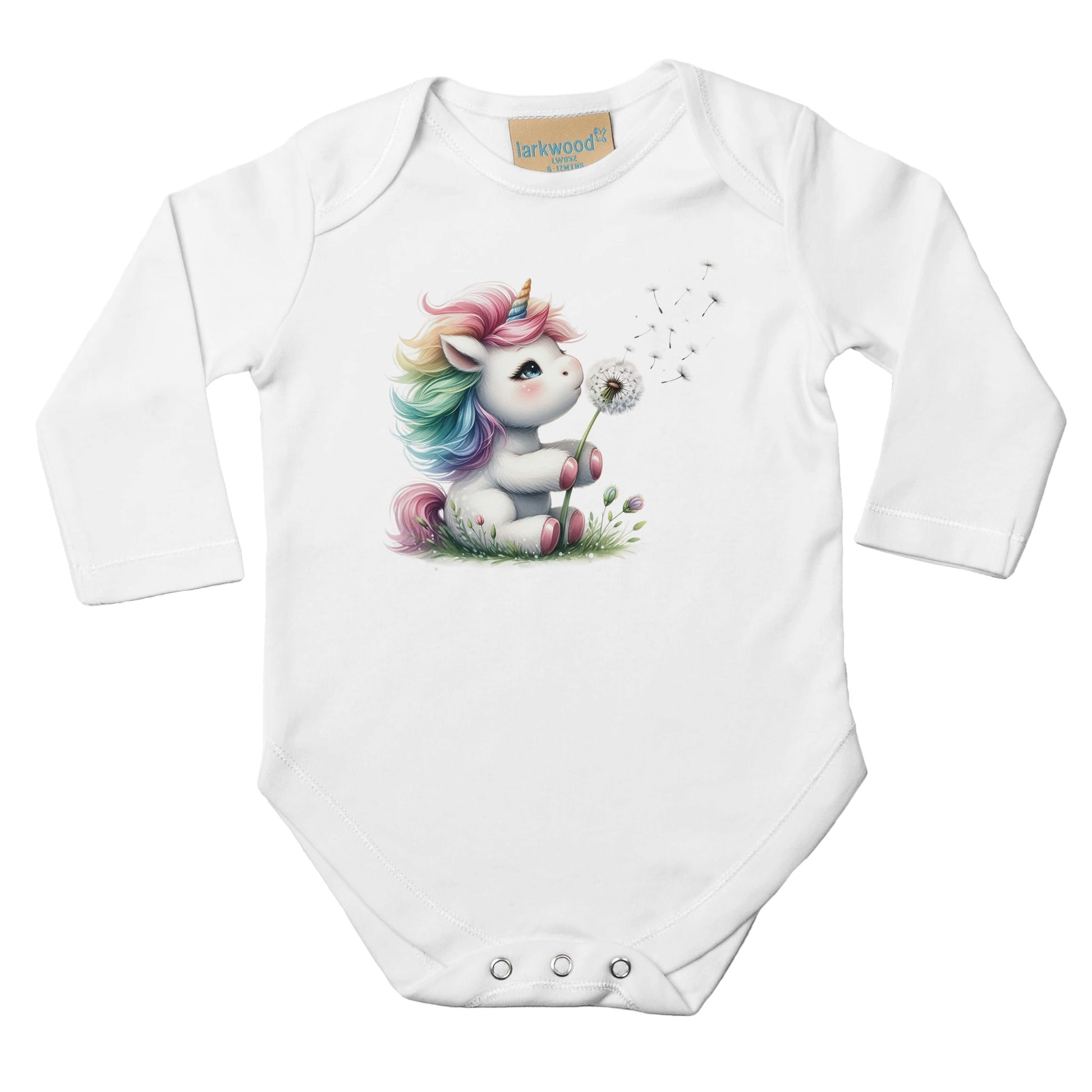 Unisex Baby Langarm Body mit Aufdruck - Einhorn Mädchen mit Pusteblume - 100% Baumwolle - Größe bis 18 Monate bzw. 86 - Strampler Body mit Aufdruck -