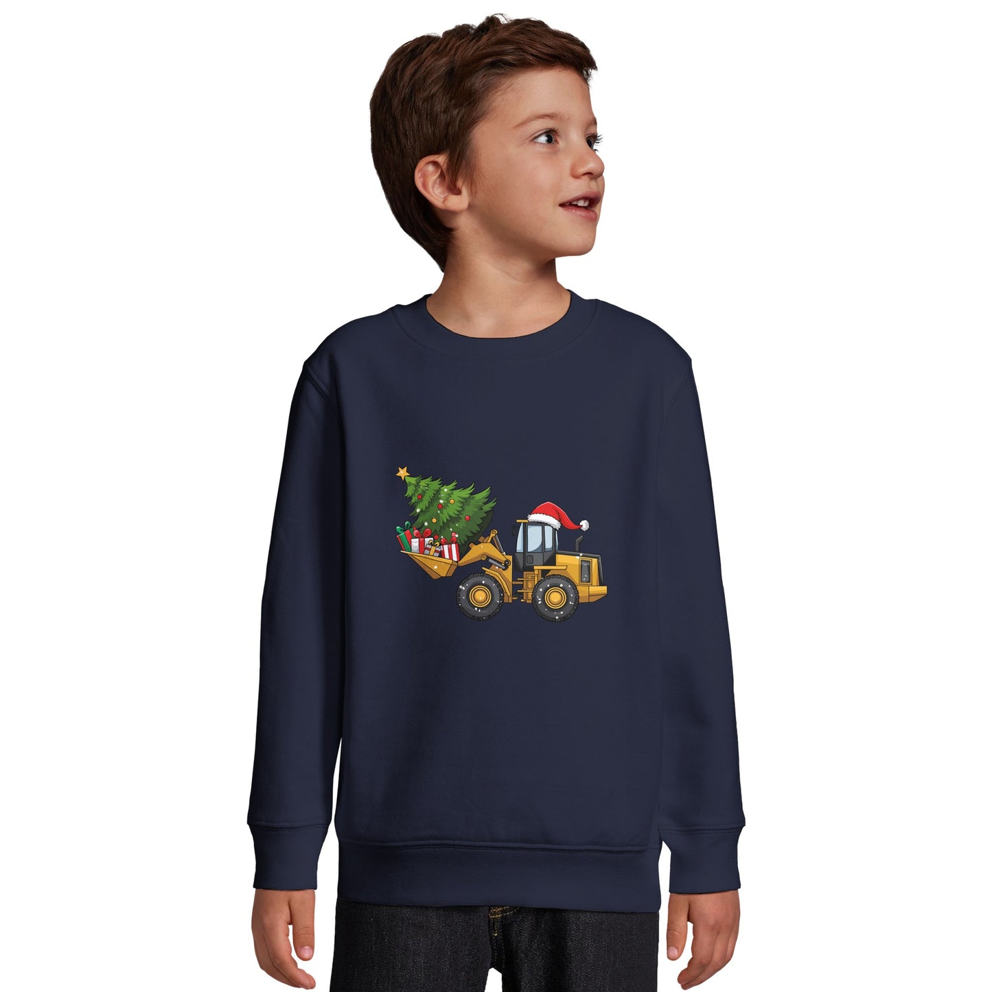 Kinder Sweatshirt mit Bagger, Christbaum und Geschenke - Jungen Aufdruck für Weihnachten und Winter - 4 bis 14 Jahre - viele verschiedene Farben -