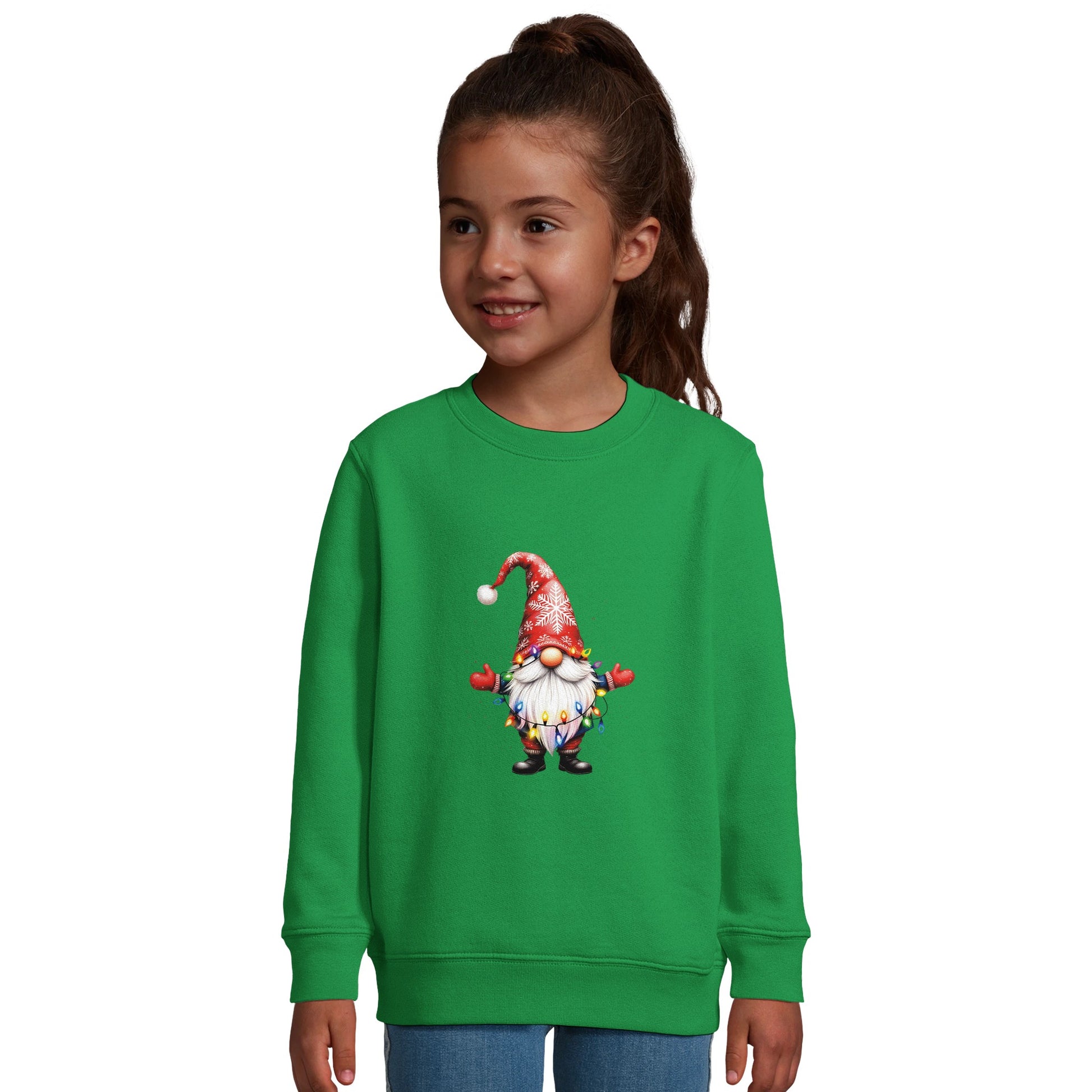 Unisex Kinder Sweatshirt mit süßem Gnom mit Lichterkette - Print für Weihnachten und Winter - 4 bis 14 Jahre - viele verschiedene Farben -