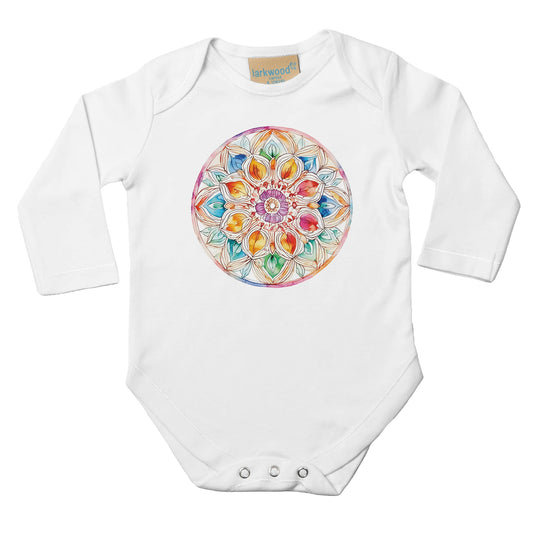 Unisex Baby Langarm Body mit Aufdruck - Watercolor Mandala - 100% Baumwolle - Größe bis 18 Monate bzw. 86 - Strampler Body mit Aufdruck -