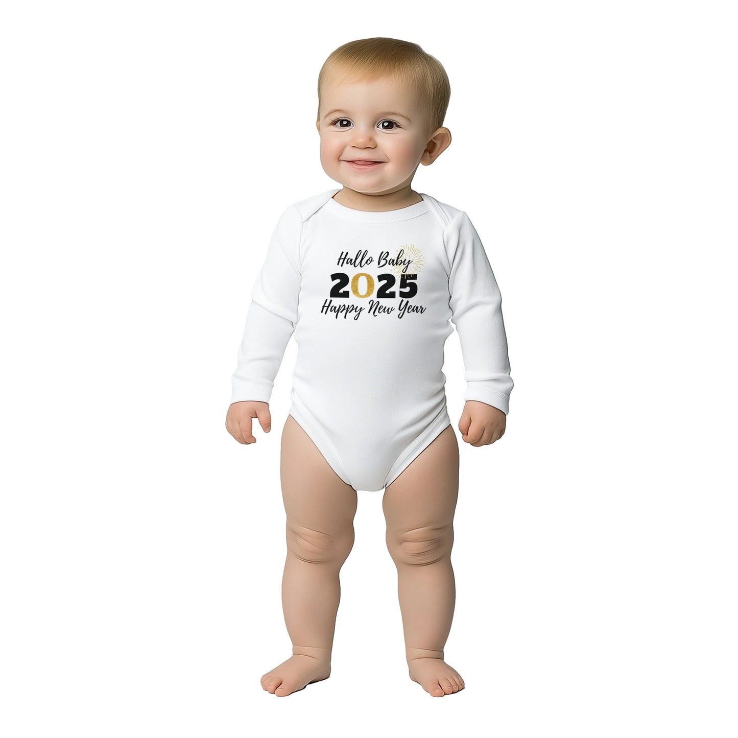 Unisex Baby Langarm Body mit Aufdruck - Hallo Baby 2025 Happy New Year - schwarz gold weiß - 100% Baumwolle - Größe bis 18 Monate bzw. 86 - Strampler Body mit Aufdruck -