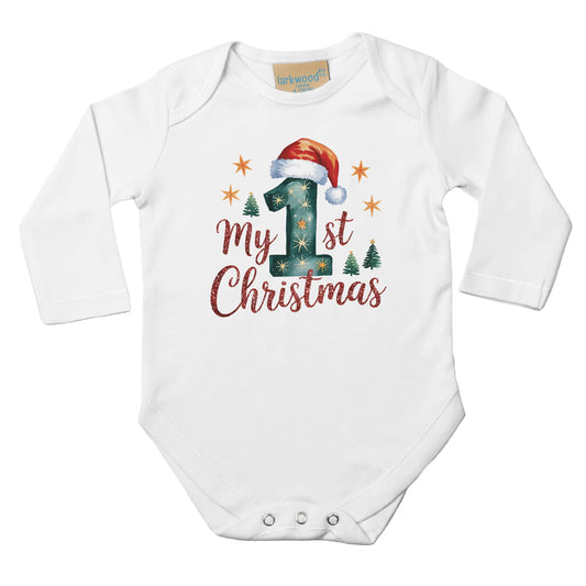 Unisex Baby Langarm Body für Weihnachten mit Aufdruck - My first Christmas - 100% Baumwolle - Größe bis 18 Monate bzw. 86 - Strampler Body mit Muster -