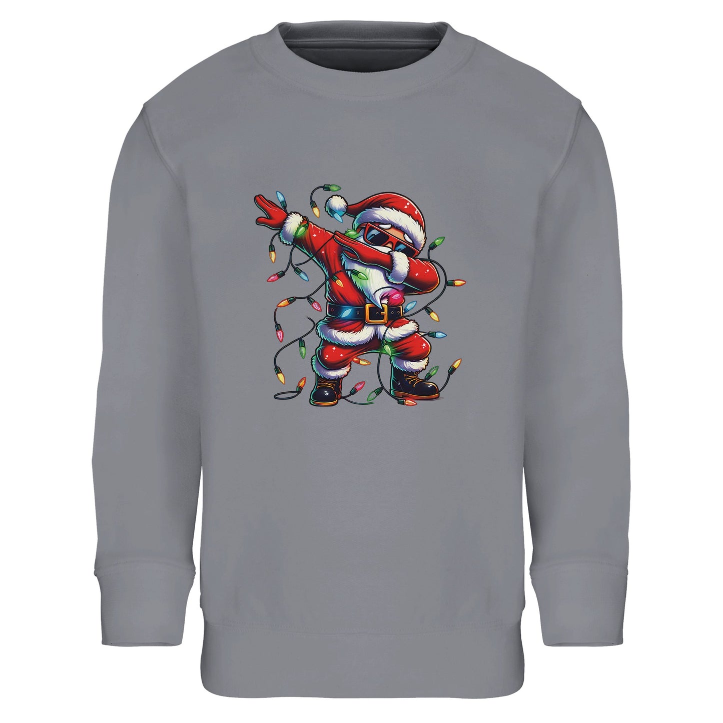 Unisex Kinder Sweatshirt mit tanzendem Weihnachtsmann mit Lichterkette - Aufdruck für Weihnachten und Winter - 4 bis 14 Jahre - viele verschiedene Farben - Grey Melange