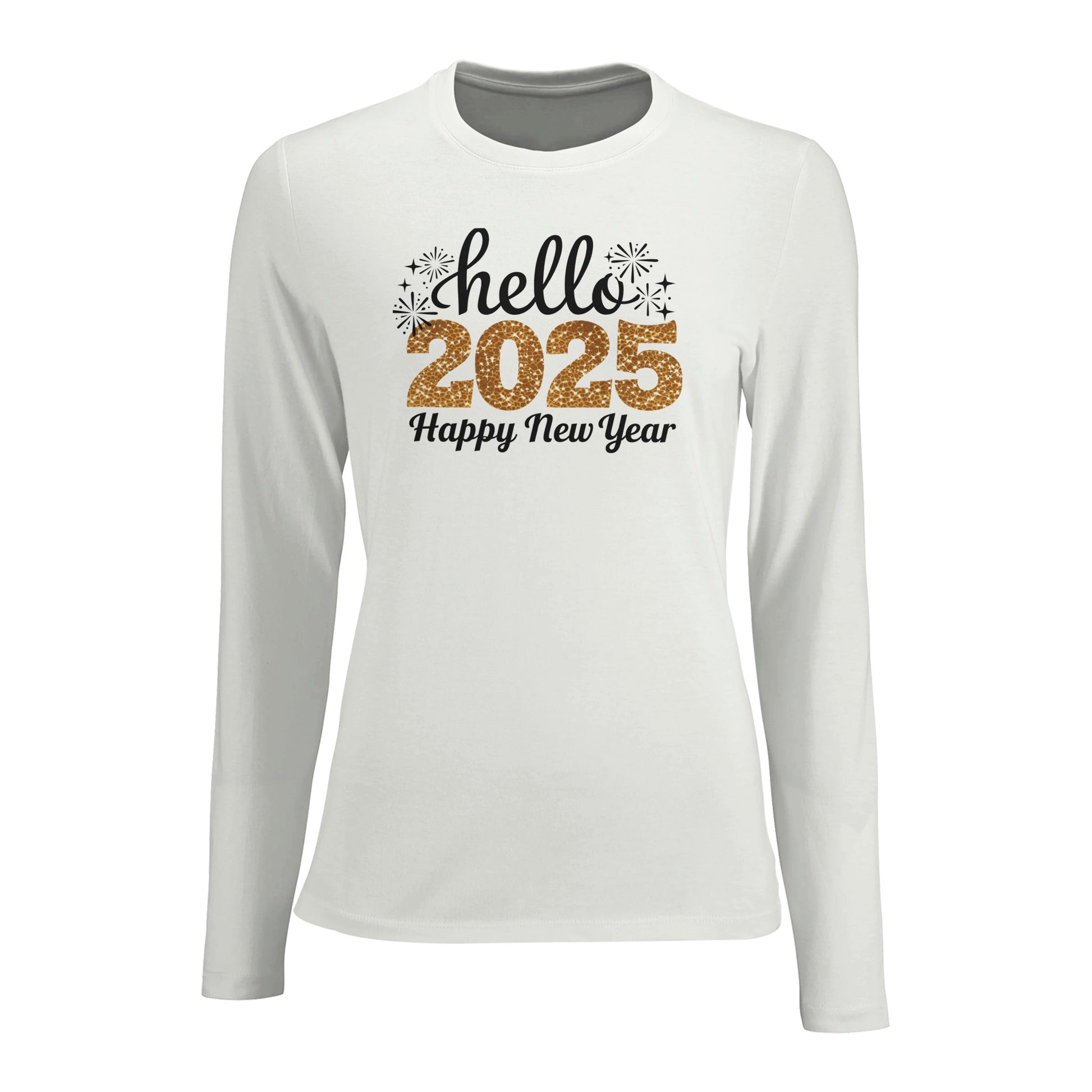 Tailliertes Damen Langarm T-Shirt mit Spruch für Jahreswechsel bzw. Silvester Print - hello 2025 Happy New Year in schwarz gold weiß - mehrere Farben und große Größen - Weiß