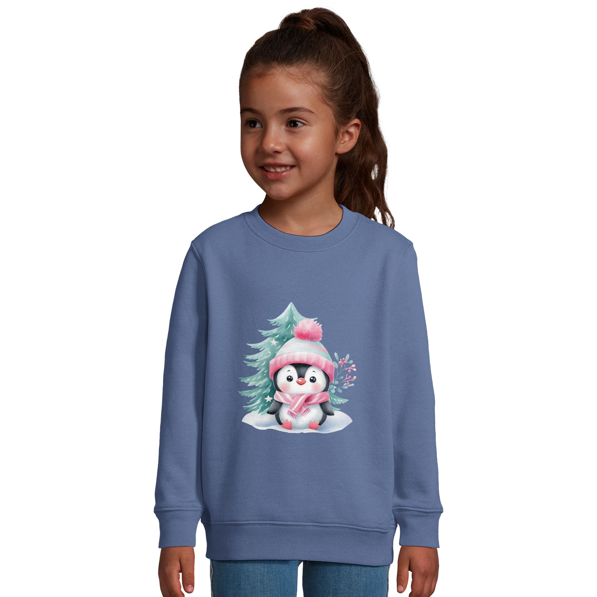 Kinder Sweatshirt mit Pinguin im Schnee - hübscher Mädchen Print für Weihnachten und Winter - 4 bis 14 Jahre – in vielen Farben und Größen -