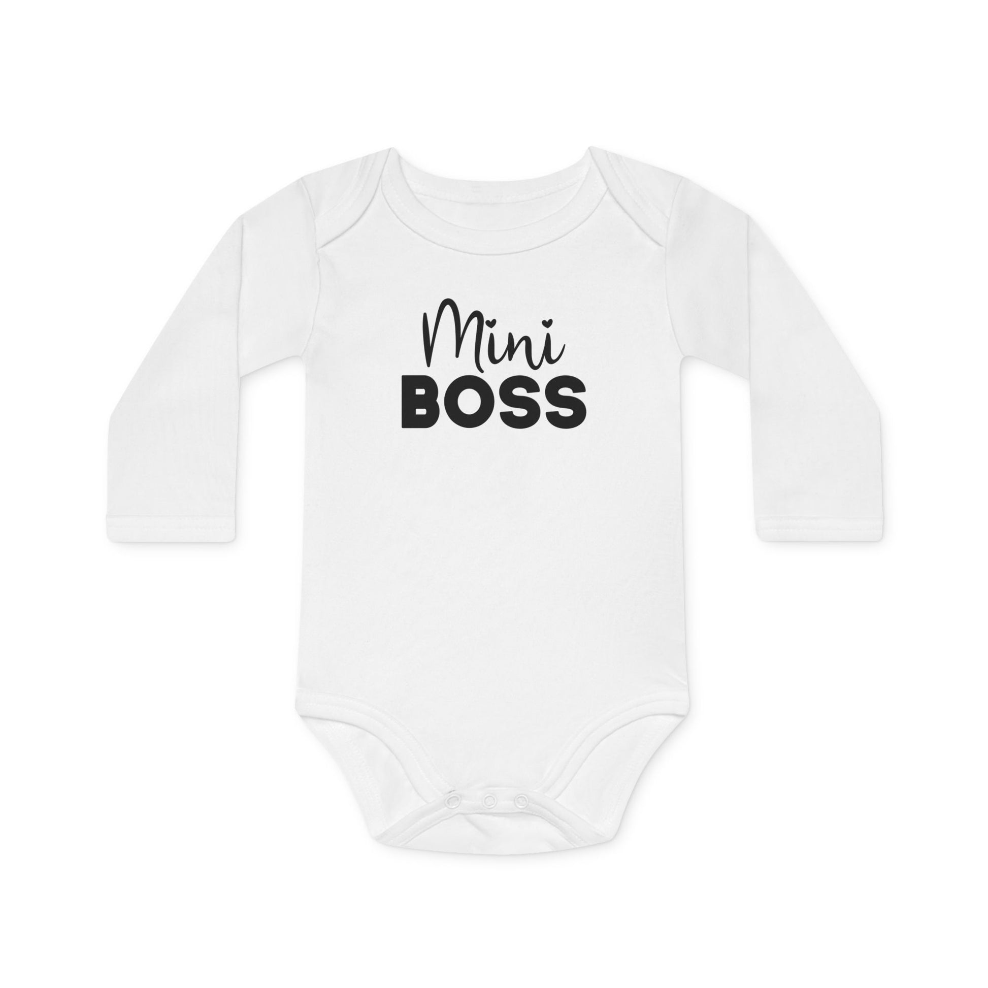 Langarm Baby und Kinder Bio Body mit Spruch "Mini Boss" - Unisex Bodysuit mit Aufdruck für Neugeborene und Kleinkinder - 100% Bio Baumwolle, 200 g/m², bis 18 Monate bzw. 86cm - mehrere Farben und Größen - White