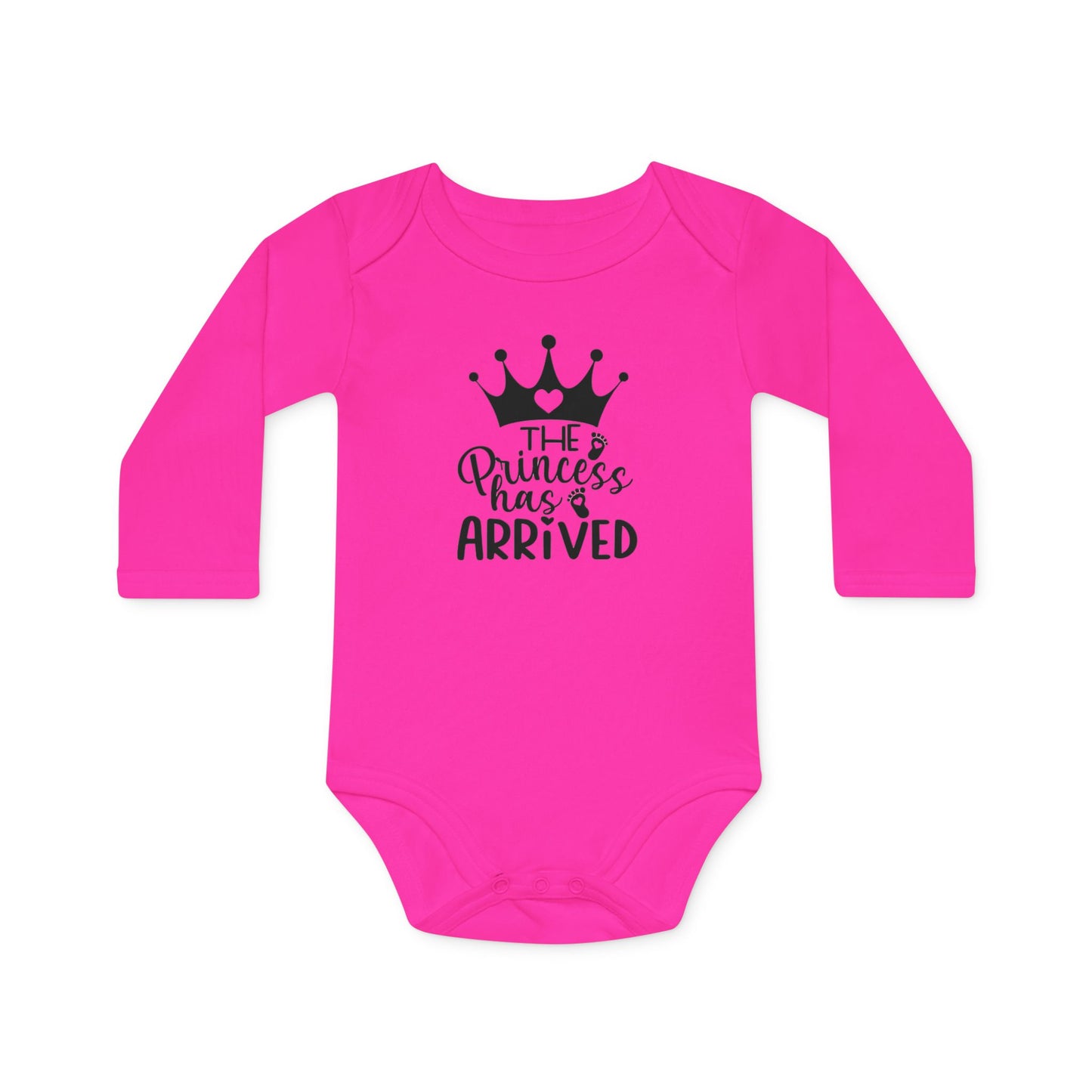 Langarm Baby und Kinder Bio Body mit Spruch "The Princess has arrived" - Unisex Bodysuit mit Aufdruck für Neugeborene und Kleinkinder - 100% Bio Baumwolle, 200 g/m², bis 18 Monate bzw. 86cm - mehrere Farben und Größen - Fuchsia