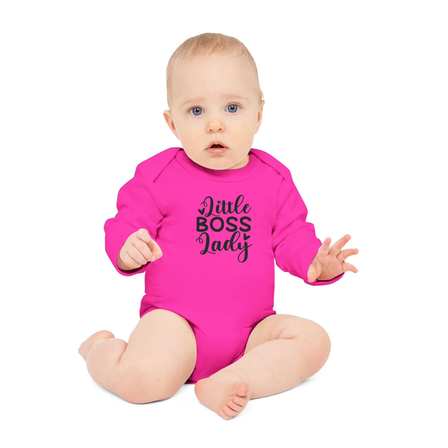 Langarm Baby und Kinder Bio Body mit Spruch "Little Boss Lady" - Unisex Bodysuit mit Aufdruck für Neugeborene und Kleinkinder - 100% Bio Baumwolle, 200 g/m², bis 18 Monate bzw. 86cm -