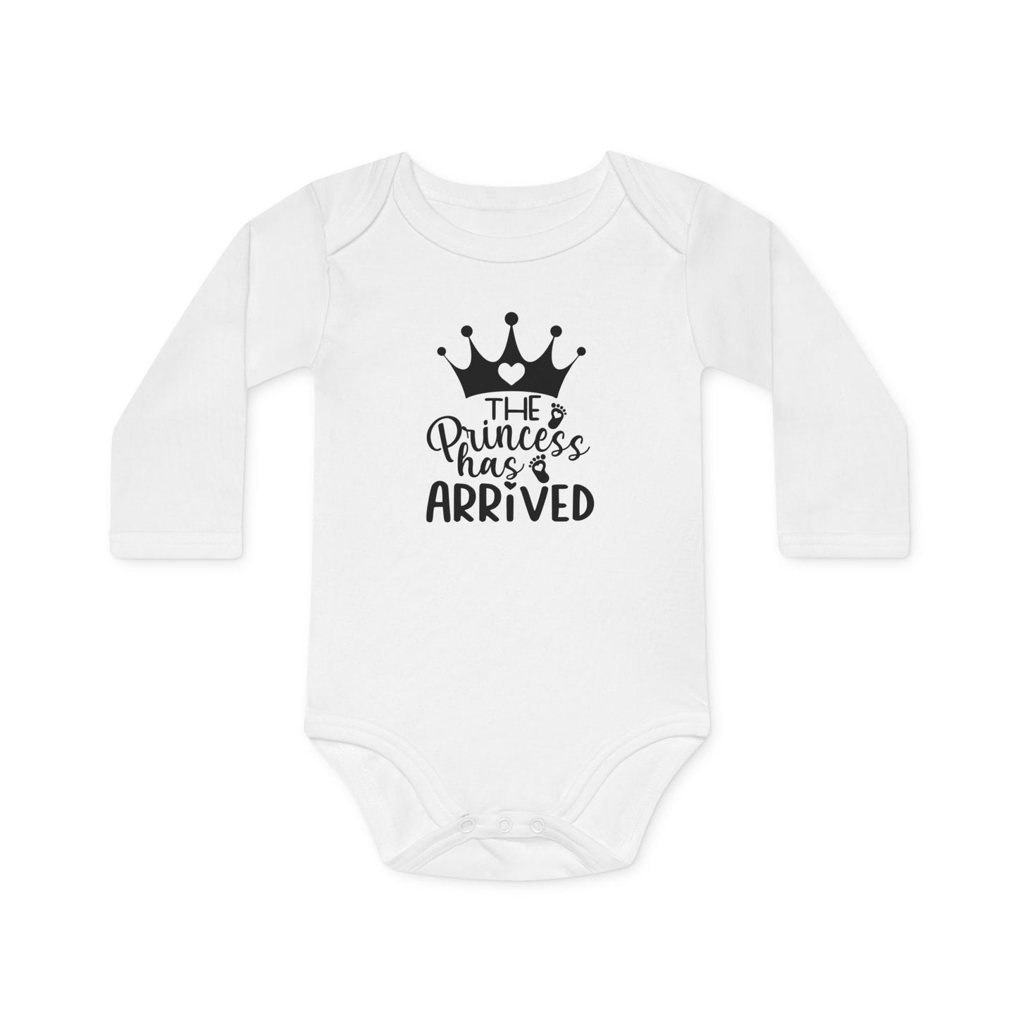 Langarm Baby und Kinder Bio Body mit Spruch "The Princess has arrived" - Unisex Bodysuit mit Aufdruck für Neugeborene und Kleinkinder - 100% Bio Baumwolle, 200 g/m², bis 18 Monate bzw. 86cm - mehrere Farben und Größen - White