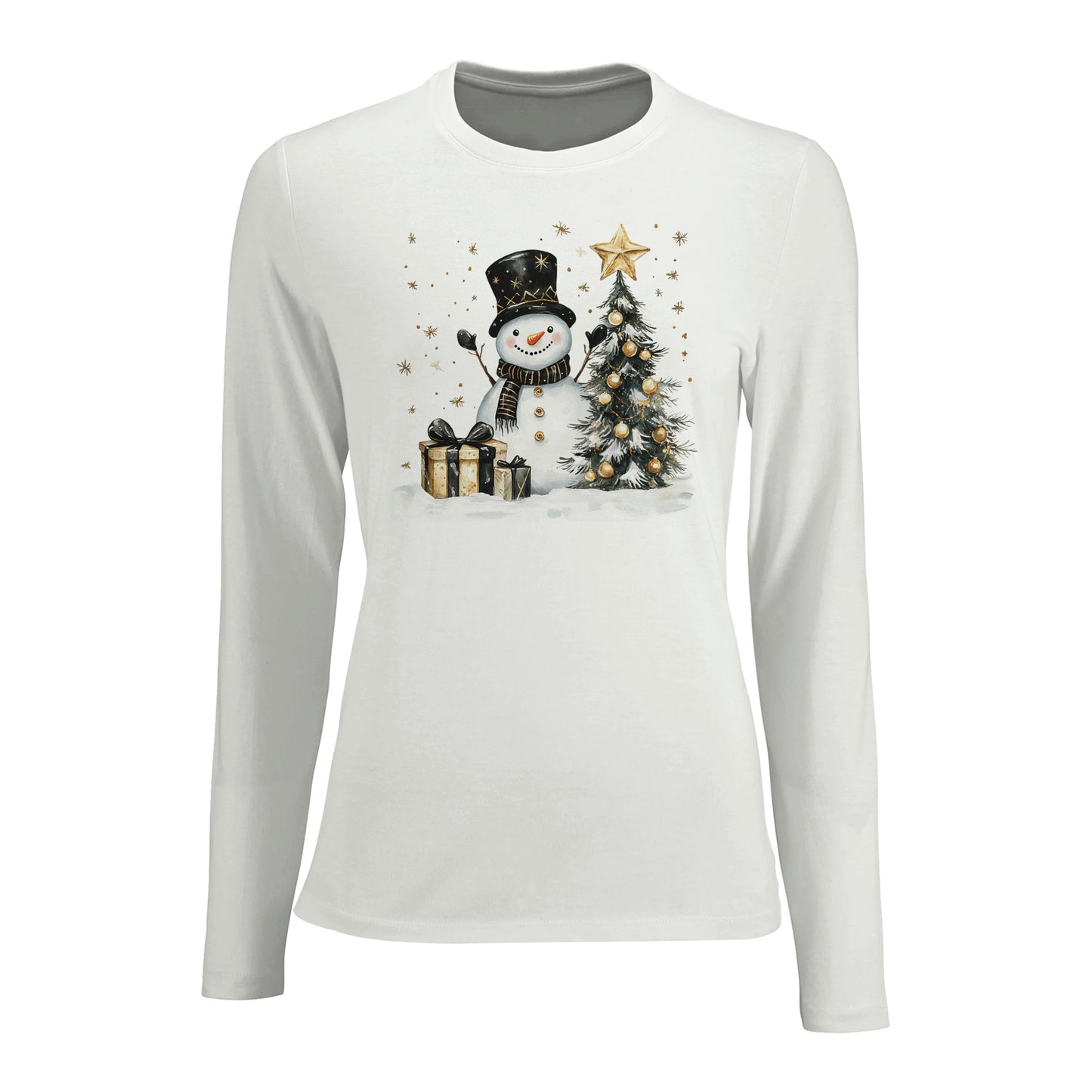 Tailliertes Damen Langarm-T-Shirt mit Schneemann, Christbaum und Geschenke - Weiß