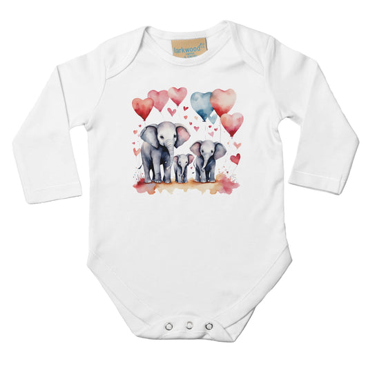 Unisex Baby Langarm Body mit Aufdruck - Elefanten Mama und Babys mit große Herz Luftballons - 100% Baumwolle - Größe bis 18 Monate bzw. 86 - Strampler Body mit Aufdruck -