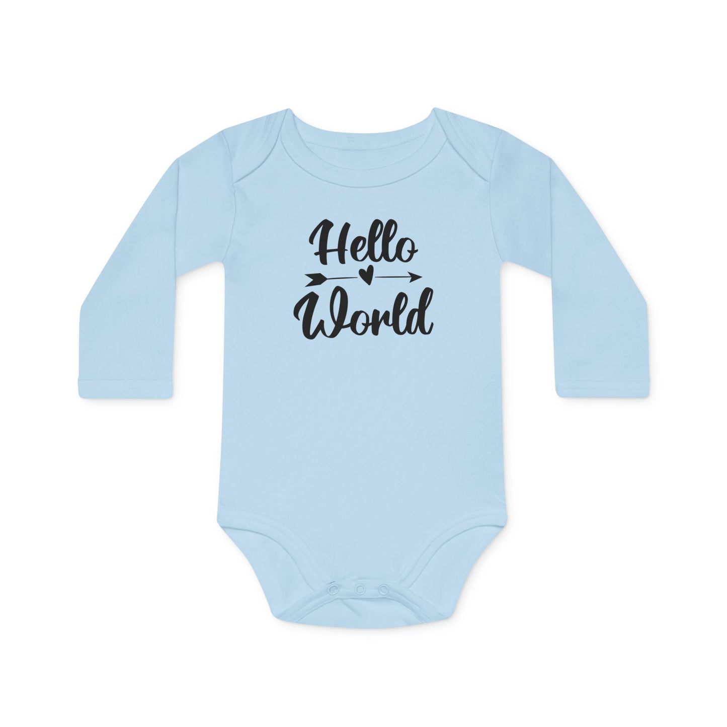 Langarm Baby und Kinder Bio Body mit Spruch Hello World - Unisex Bodysuit mit Aufdruck für Neugeborene und Kleinkinder - 100% Bio Baumwolle, 200 g/m², bis 18 Monate bzw. 86cm - Dusty Blue