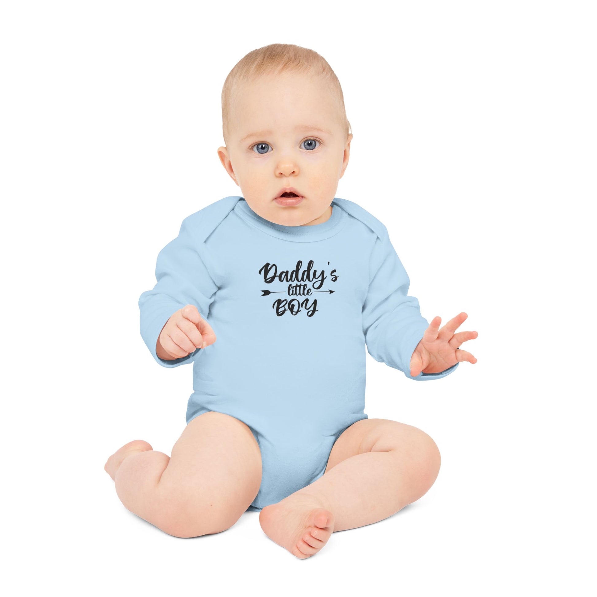 Langarm Baby und Kinder Bio Body mit Spruch "Daddys little Boy" - Unisex Bodysuit mit Aufdruck für Neugeborene und Kleinkinder - 100% Bio Baumwolle, 200 g/m², bis 18 Monate bzw. 86cm -