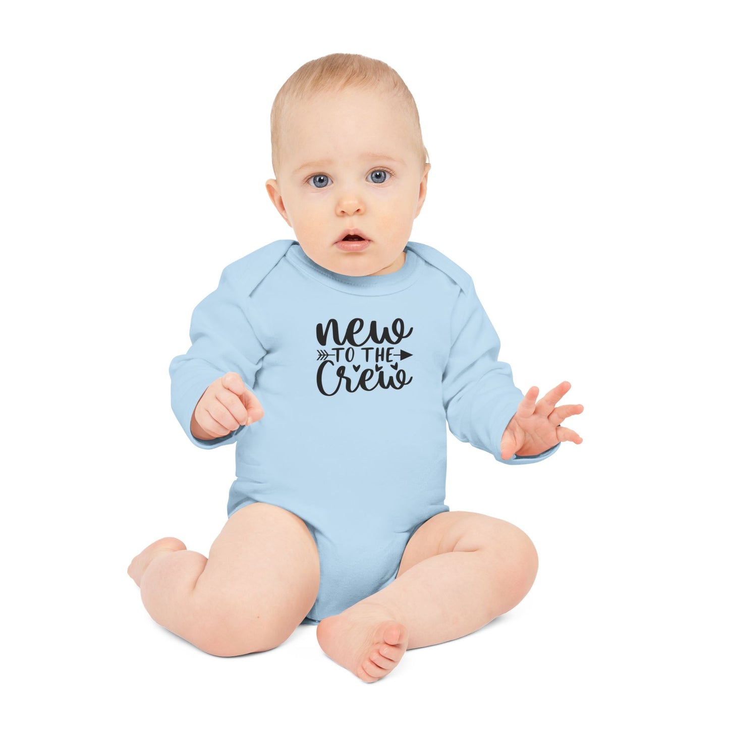 Langarm Baby und Kinder Bio Body mit Spruch "Mew to the crew" - Unisex Bodysuit mit Aufdruck für Neugeborene und Kleinkinder - 100% Bio Baumwolle, 200 g/m², bis 18 Monate bzw. 86cm - mehrere Farben und Größen -