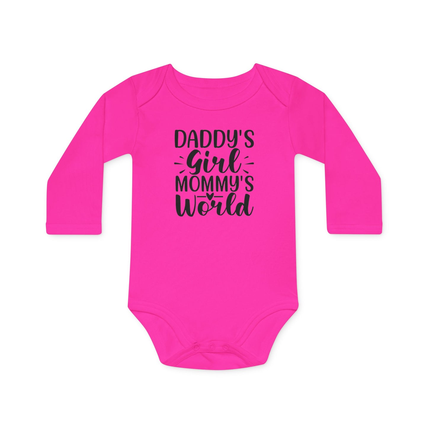 Langarm Baby und Kinder Bio Body mit Spruch "Daddys Girl - Mummys World" - Unisex Bodysuit mit Aufdruck für Neugeborene und Kleinkinder - 100% Bio Baumwolle, 200 g/m², bis 18 Monate bzw. 86cm - Fuchsia