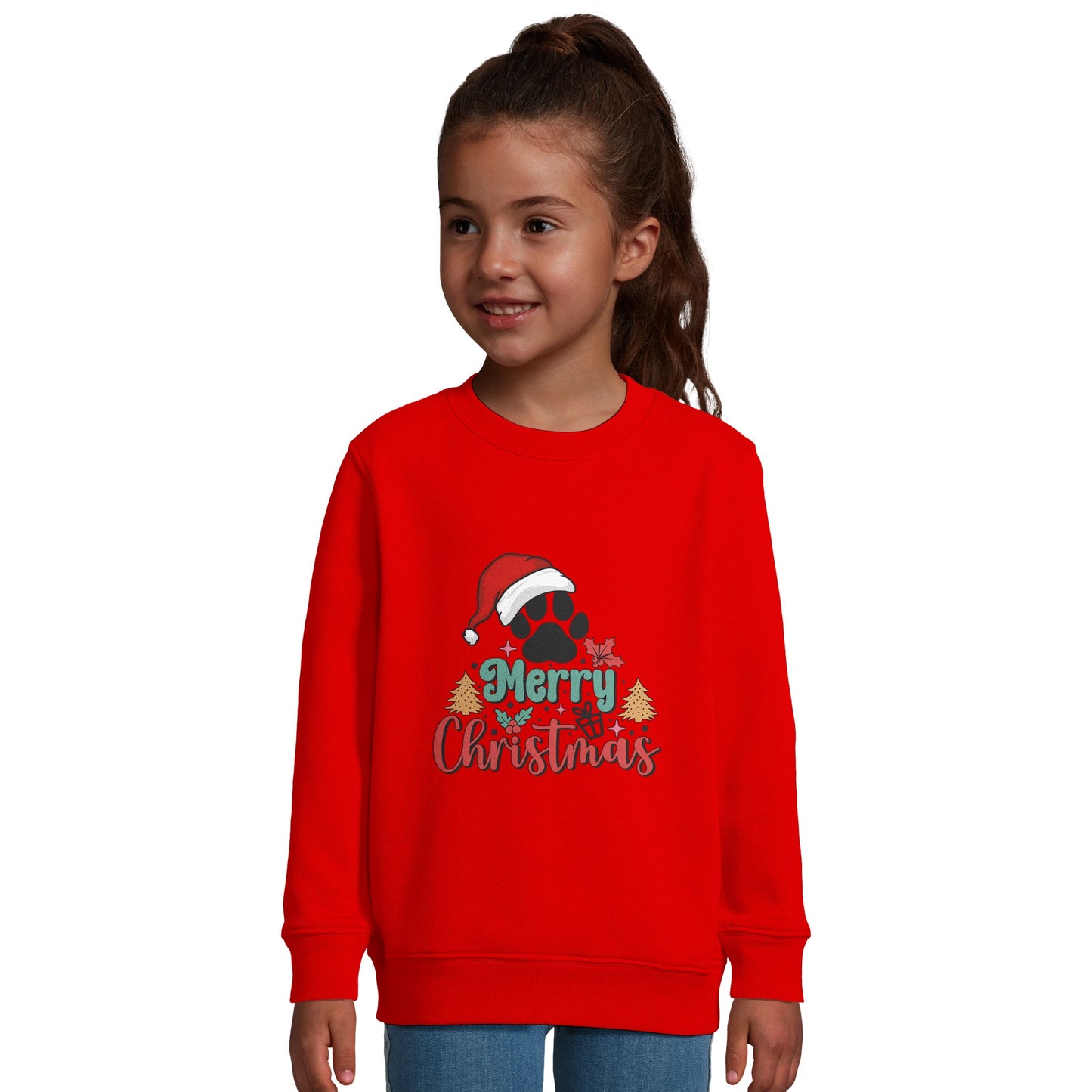 Unisex Kinder Sweatshirt mit Hundepfote und Merry Christmas - hübscher Print für Weihnachten und Winter - 4 bis 14 Jahre – in vielen Farben und Größen - gebürstet -