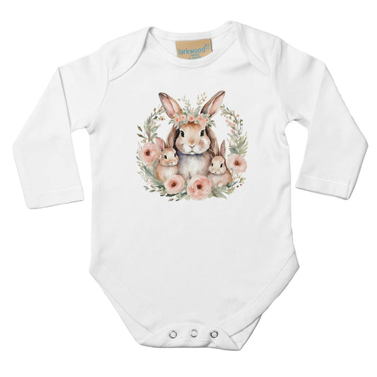 Unisex Baby Langarm Body mit Aufdruck - Hasen Mama und Babys mit Blumen - 100% Baumwolle - Größe bis 18 Monate bzw. 86 - Strampler Body mit Aufdruck -