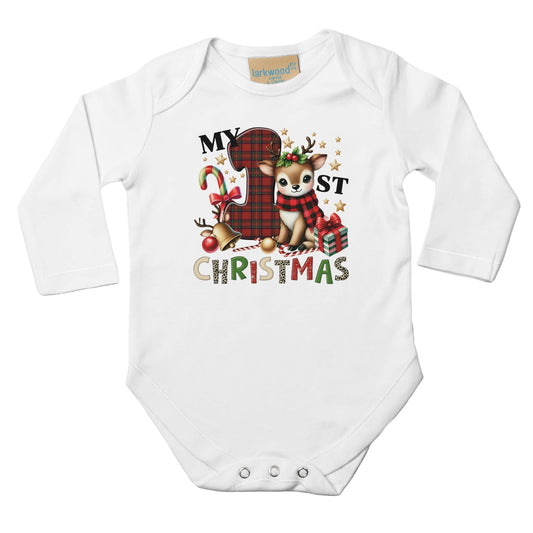 Unisex Baby Langarm Body für Weihnachten mit Aufdruck - My First Christmas mit Elch - 100% Baumwolle - Größe bis 18 Monate bzw. 86 - Strampler Body mit Muster -