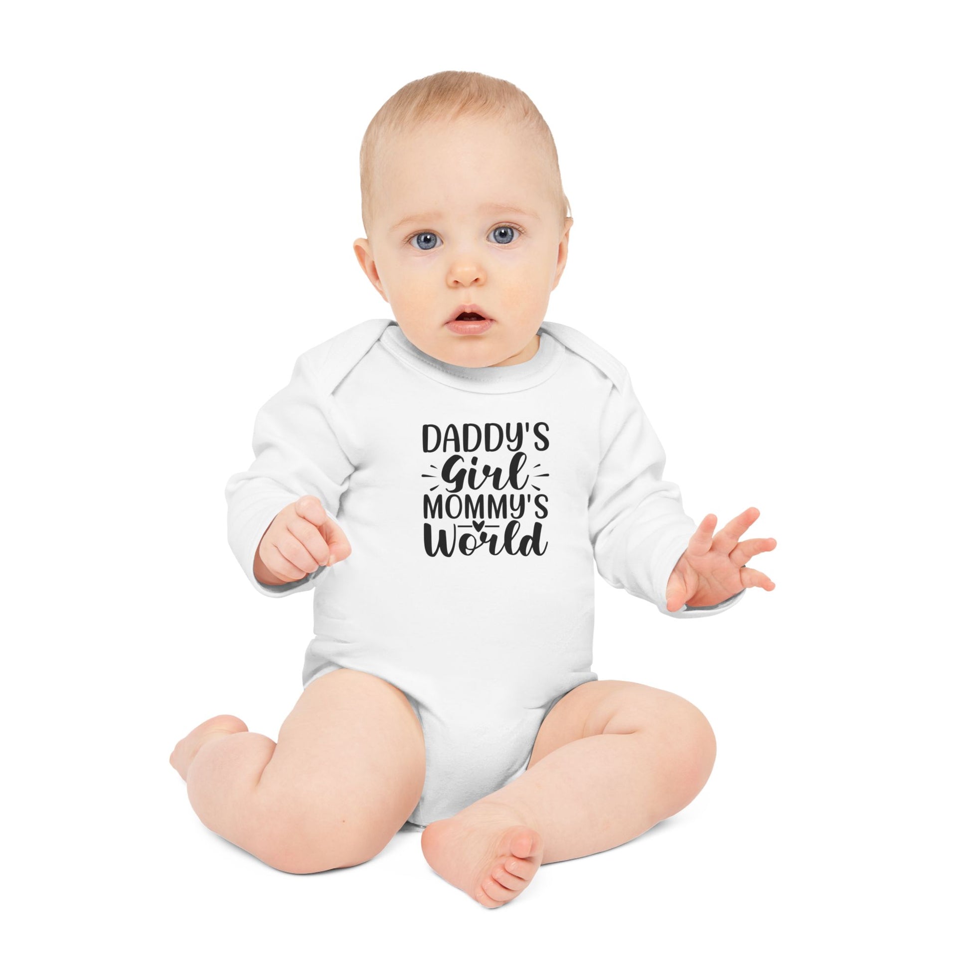 Langarm Baby und Kinder Bio Body mit Spruch "Daddys Girl - Mummys World" - Unisex Bodysuit mit Aufdruck für Neugeborene und Kleinkinder - 100% Bio Baumwolle, 200 g/m², bis 18 Monate bzw. 86cm -