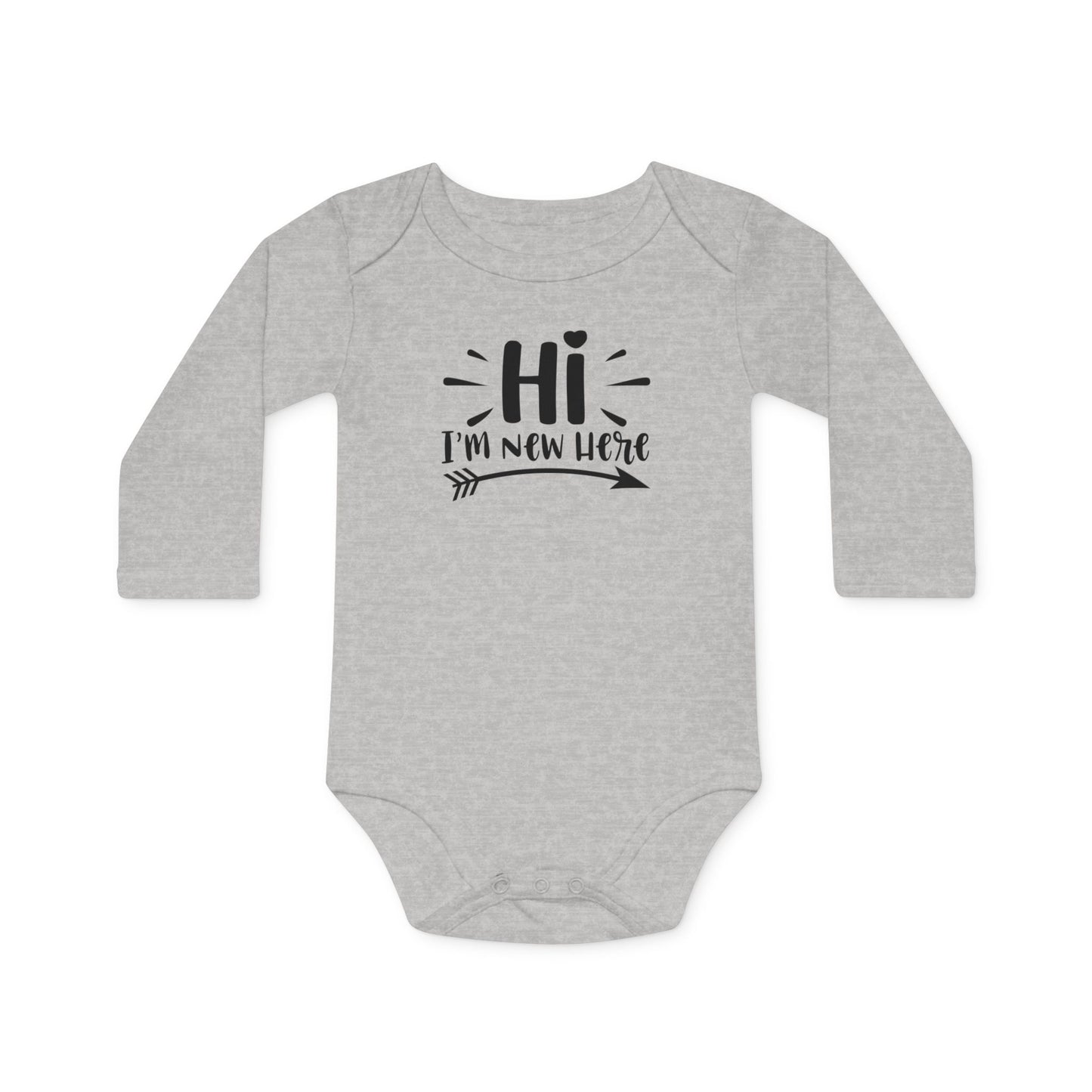 Langarm Baby und Kinder Bio Body mit Spruch "Hi - I´m new here" - Unisex Bodysuit mit Aufdruck für Neugeborene und Kleinkinder - 100% Bio Baumwolle, 200 g/m², bis 18 Monate bzw. 86cm - Heather Grey Melange