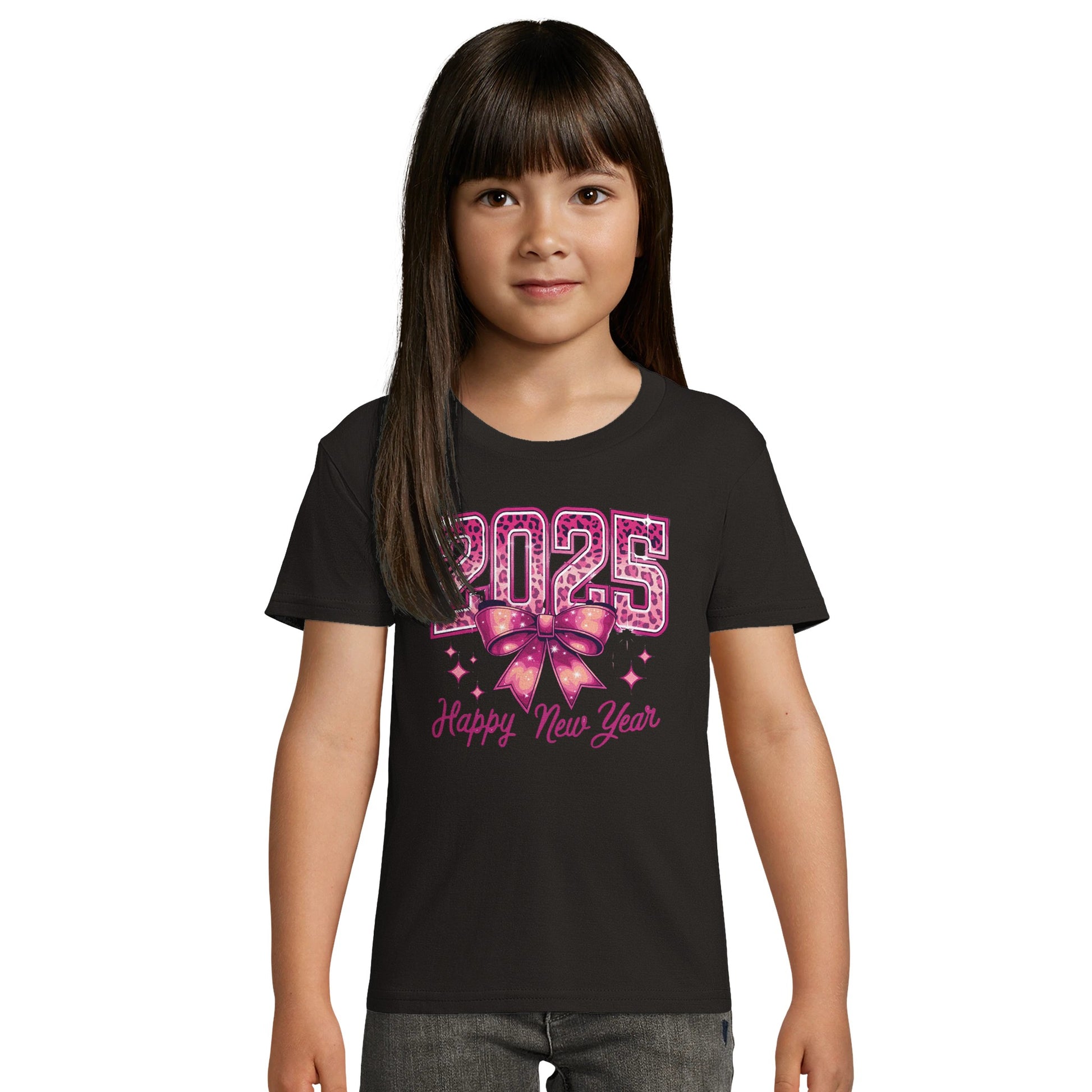 Kinder BIO Kurzarm Rundhals-T-Shirt mit Print für den Jahreswechsel bzw. Silvester - 2025 Happy New Year mit Masche - weiß pink - körperbetonter Schnitt - Größe 86 bis 152 und mehrere Farben -