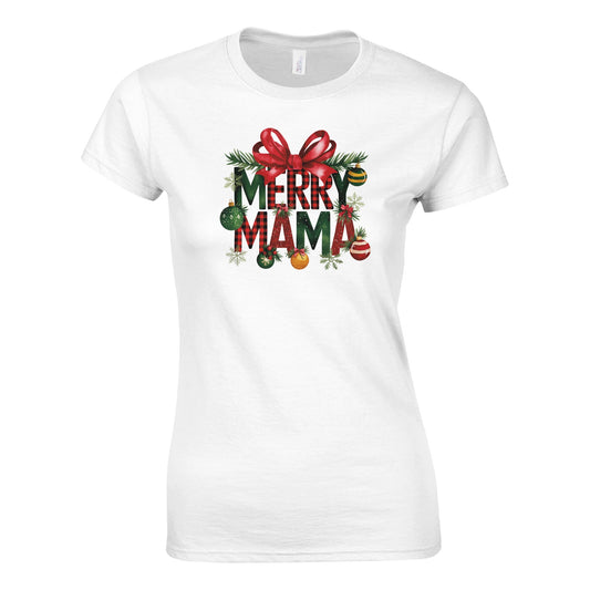 Tailliertes Damen Kurzarm T-Shirt mit Print - Merry Mama - Weihnachten und Winter – viele Farben und große Größen - Weiß