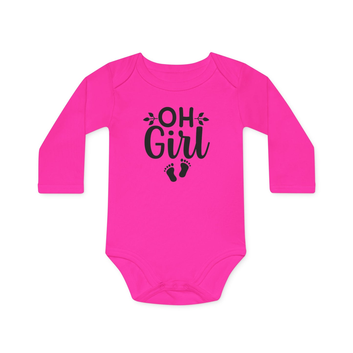 Langarm Baby und Kinder Bio Body mit Spruch "Oh Girl" mit Babyfüßchen - Unisex Bodysuit mit Aufdruck für Neugeborene und Kleinkinder - 100% Bio Baumwolle, 200 g/m², bis 18 Monate bzw. 86cm - mehrere Farben und Größen - Fuchsia