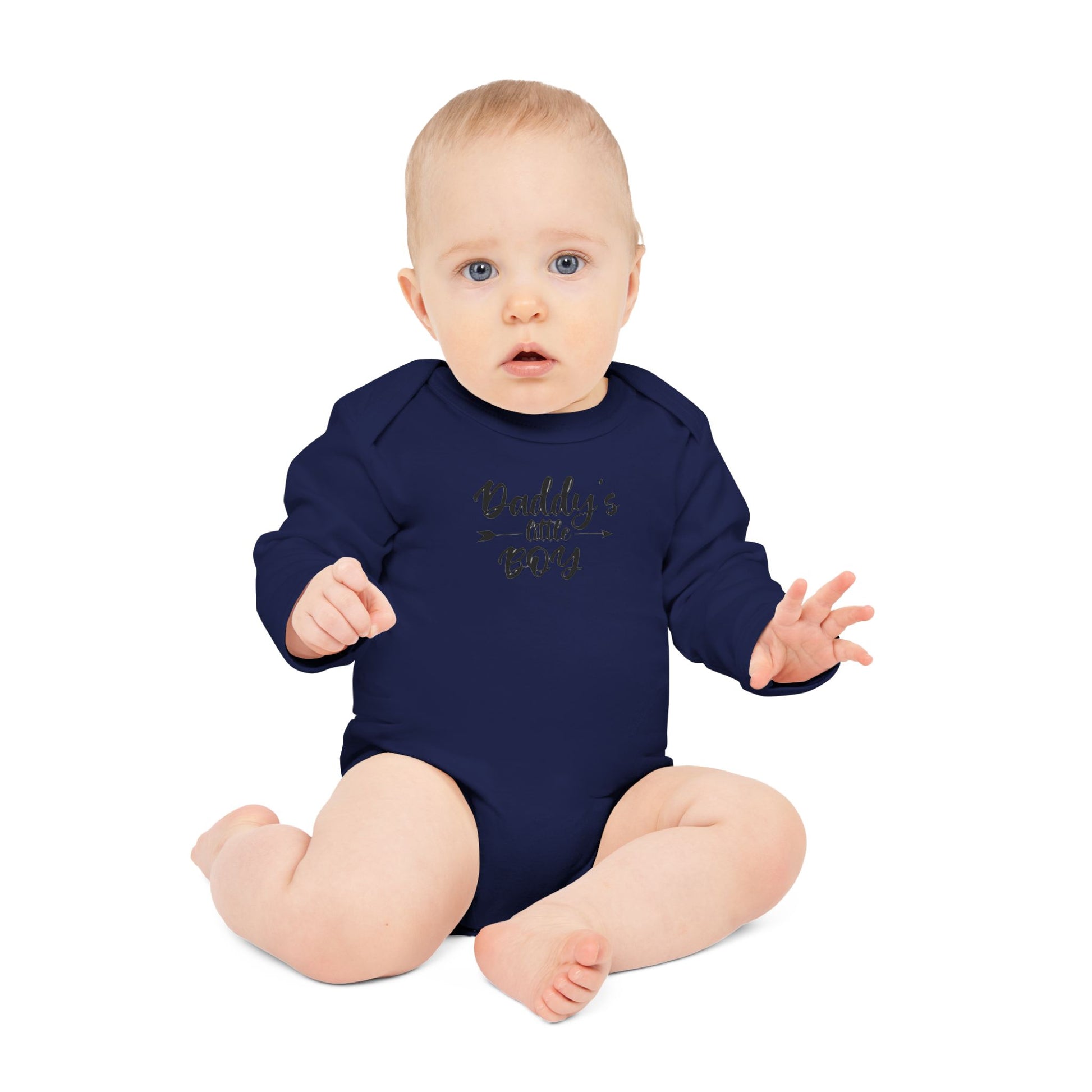 Langarm Baby und Kinder Bio Body mit Spruch "Daddys little Boy" - Unisex Bodysuit mit Aufdruck für Neugeborene und Kleinkinder - 100% Bio Baumwolle, 200 g/m², bis 18 Monate bzw. 86cm -