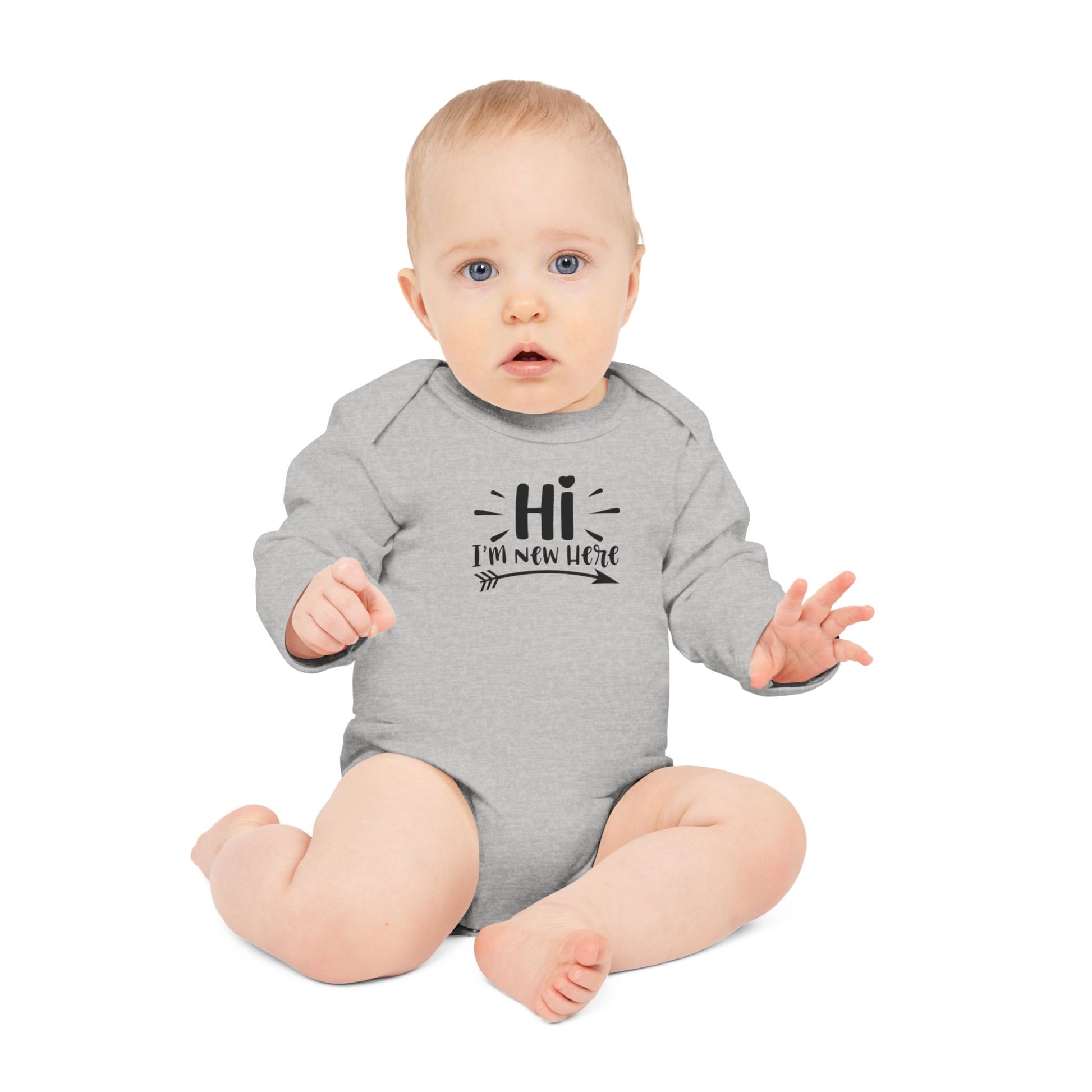 Langarm Baby und Kinder Bio Body mit Spruch "Hi - I´m new here" - Unisex Bodysuit mit Aufdruck für Neugeborene und Kleinkinder - 100% Bio Baumwolle, 200 g/m², bis 18 Monate bzw. 86cm -