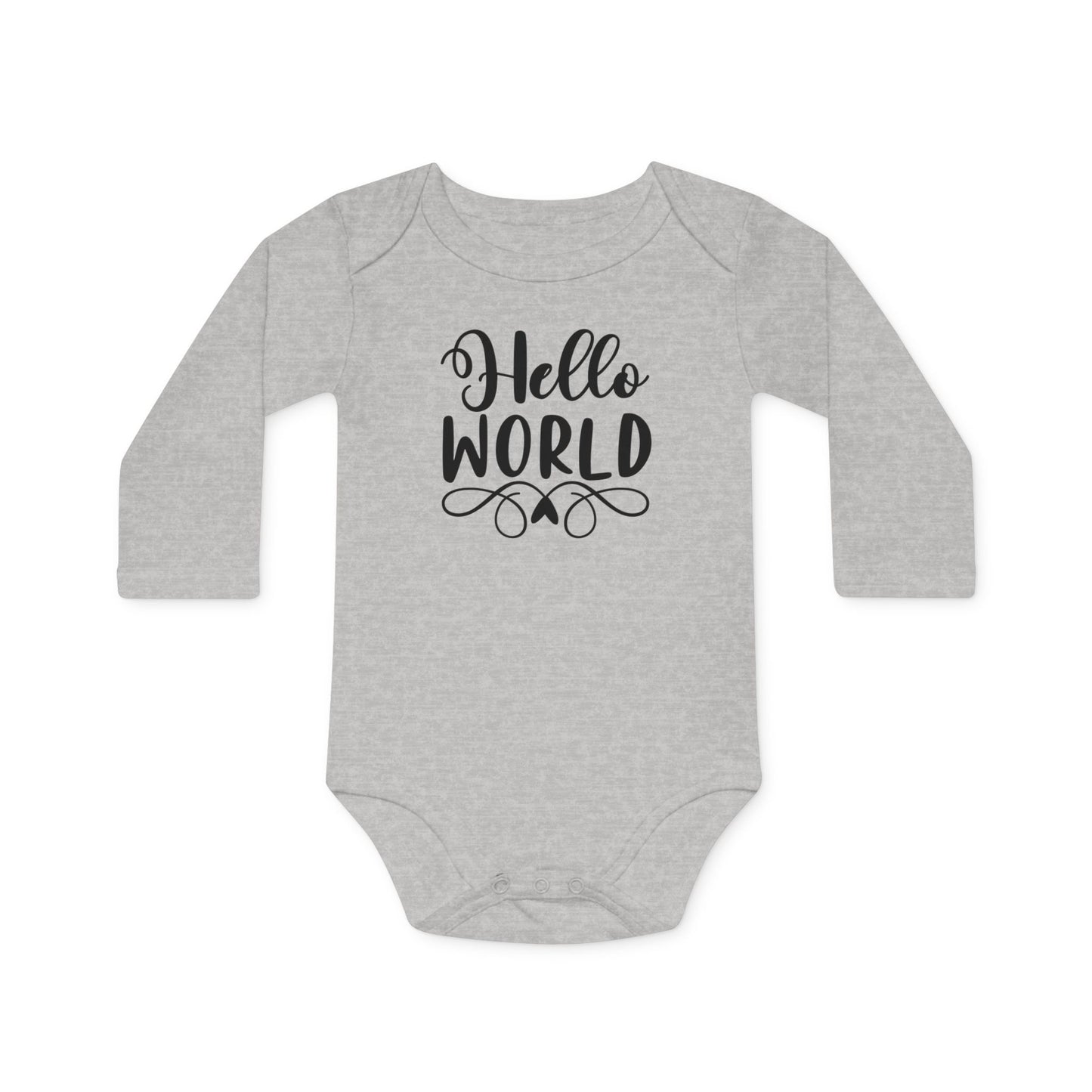 Langarm Baby und Kinder Bio Body mit Spruch "Hello World" - Unisex Bodysuit mit Aufdruck für Neugeborene und Kleinkinder - 100% Bio Baumwolle, 200 g/m², bis 18 Monate bzw. 86cm - Heather Grey Melange