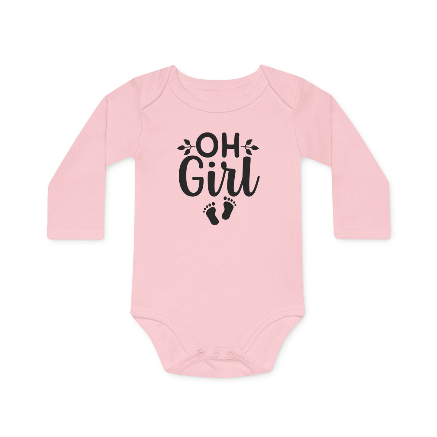 Langarm Baby und Kinder Bio Body mit Spruch "Oh Girl" mit Babyfüßchen - Unisex Bodysuit mit Aufdruck für Neugeborene und Kleinkinder - 100% Bio Baumwolle, 200 g/m², bis 18 Monate bzw. 86cm - mehrere Farben und Größen - Powder Pink