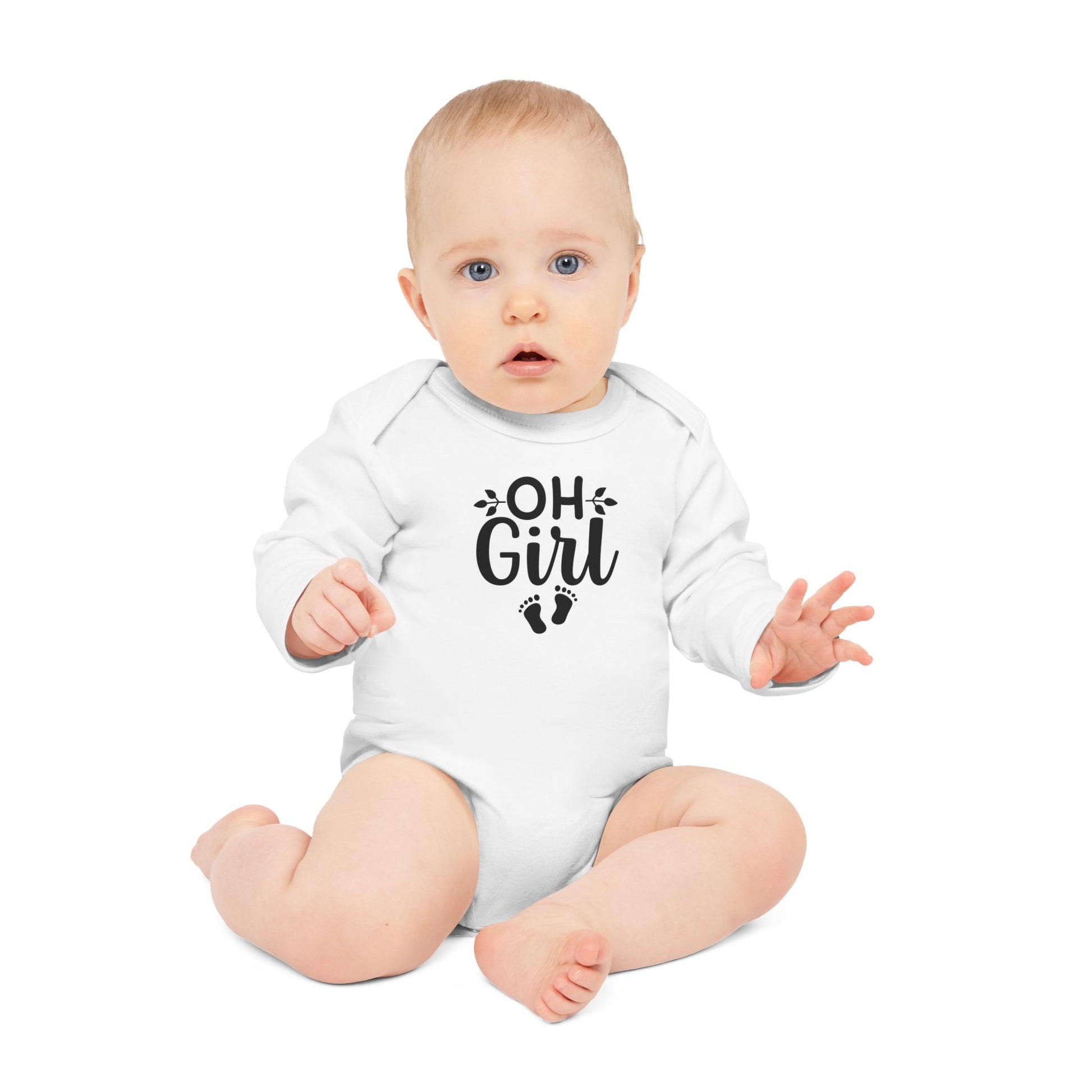 Langarm Baby und Kinder Bio Body mit Spruch "Oh Girl" mit Babyfüßchen - Unisex Bodysuit mit Aufdruck für Neugeborene und Kleinkinder - 100% Bio Baumwolle, 200 g/m², bis 18 Monate bzw. 86cm - mehrere Farben und Größen -