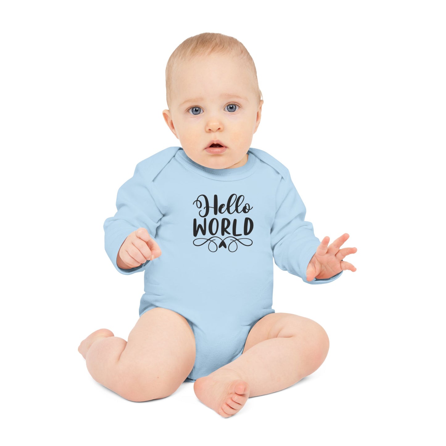 Langarm Baby und Kinder Bio Body mit Spruch "Hello World" - Unisex Bodysuit mit Aufdruck für Neugeborene und Kleinkinder - 100% Bio Baumwolle, 200 g/m², bis 18 Monate bzw. 86cm -