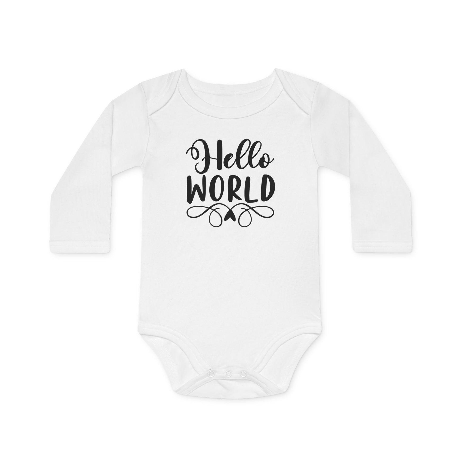 Langarm Baby und Kinder Bio Body mit Spruch "Hello World" - Unisex Bodysuit mit Aufdruck für Neugeborene und Kleinkinder - 100% Bio Baumwolle, 200 g/m², bis 18 Monate bzw. 86cm - White