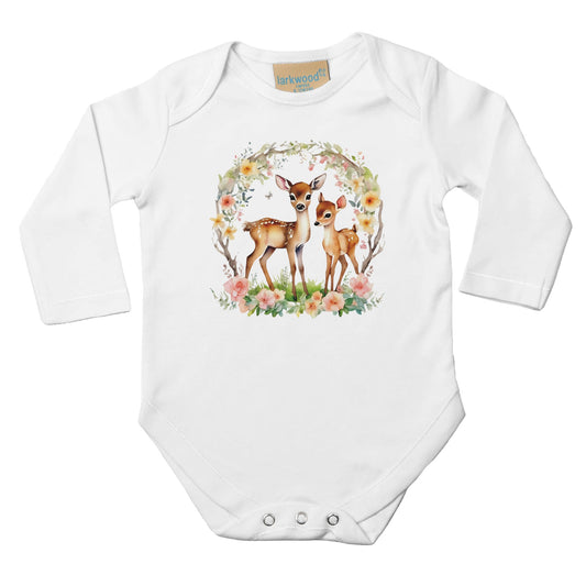 Unisex Baby Langarm Body mit Aufdruck - 2 Rehe mit Schmetterling und Blumen - 100% Baumwolle - Größe bis 18 Monate bzw. 86 - Strampler Body mit Aufdruck -