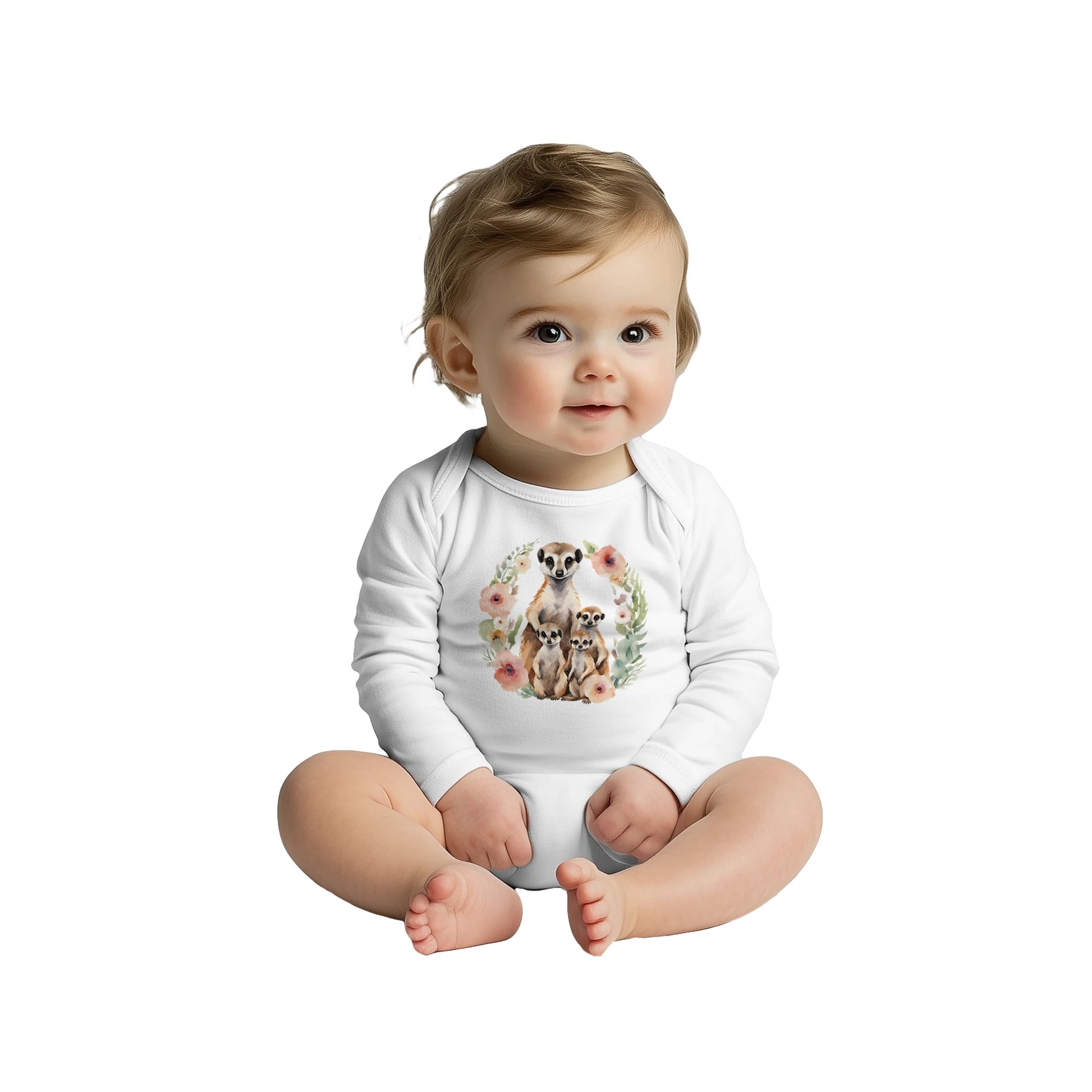 Unisex Baby Langarm Body mit Aufdruck - Erdmännchen Mama und Babys mit Blumen - 100% Baumwolle - Größe bis 18 Monate bzw. 86 - Strampler Body mit Aufdruck -