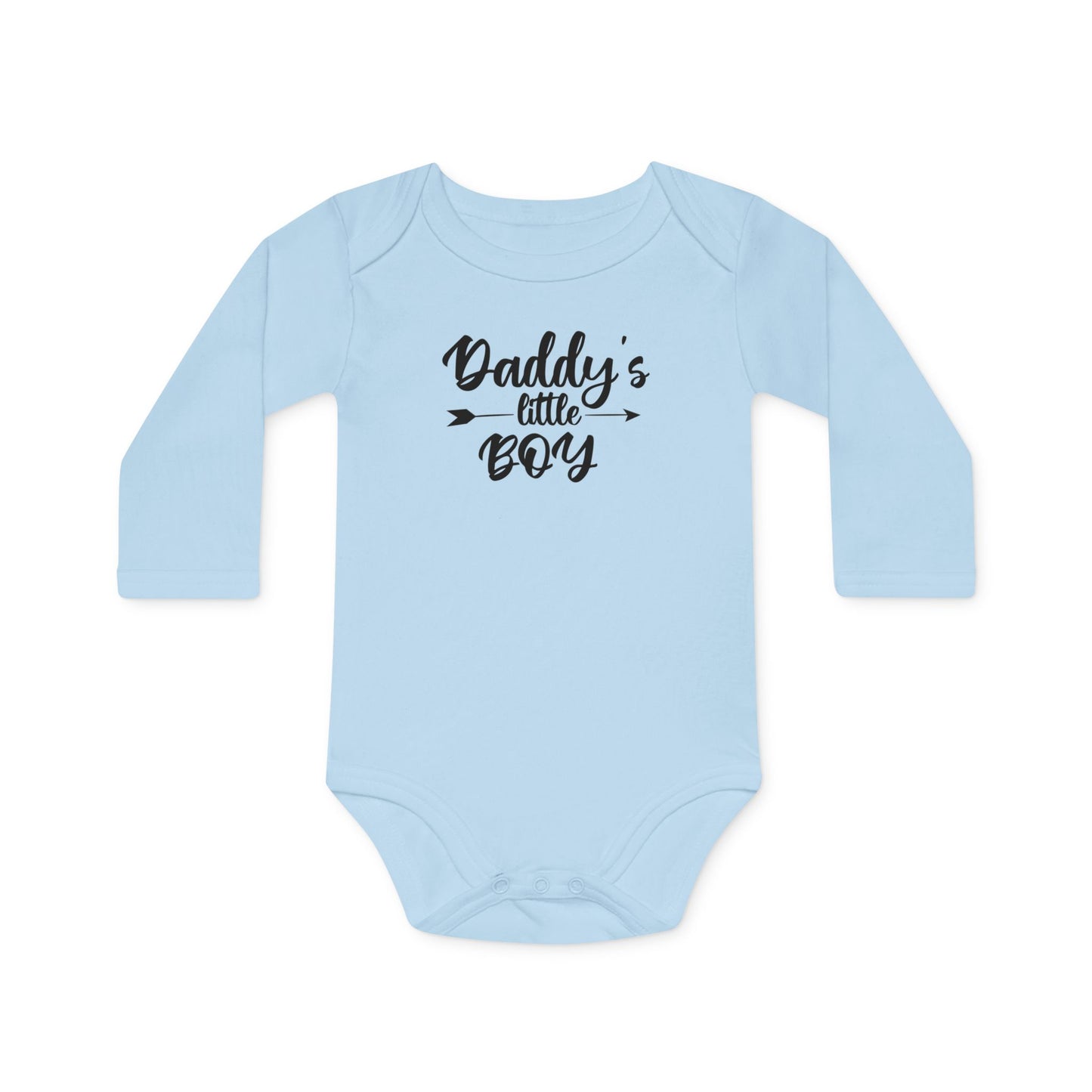 Langarm Baby und Kinder Bio Body mit Spruch "Daddys little Boy" - Unisex Bodysuit mit Aufdruck für Neugeborene und Kleinkinder - 100% Bio Baumwolle, 200 g/m², bis 18 Monate bzw. 86cm - Dusty Blue