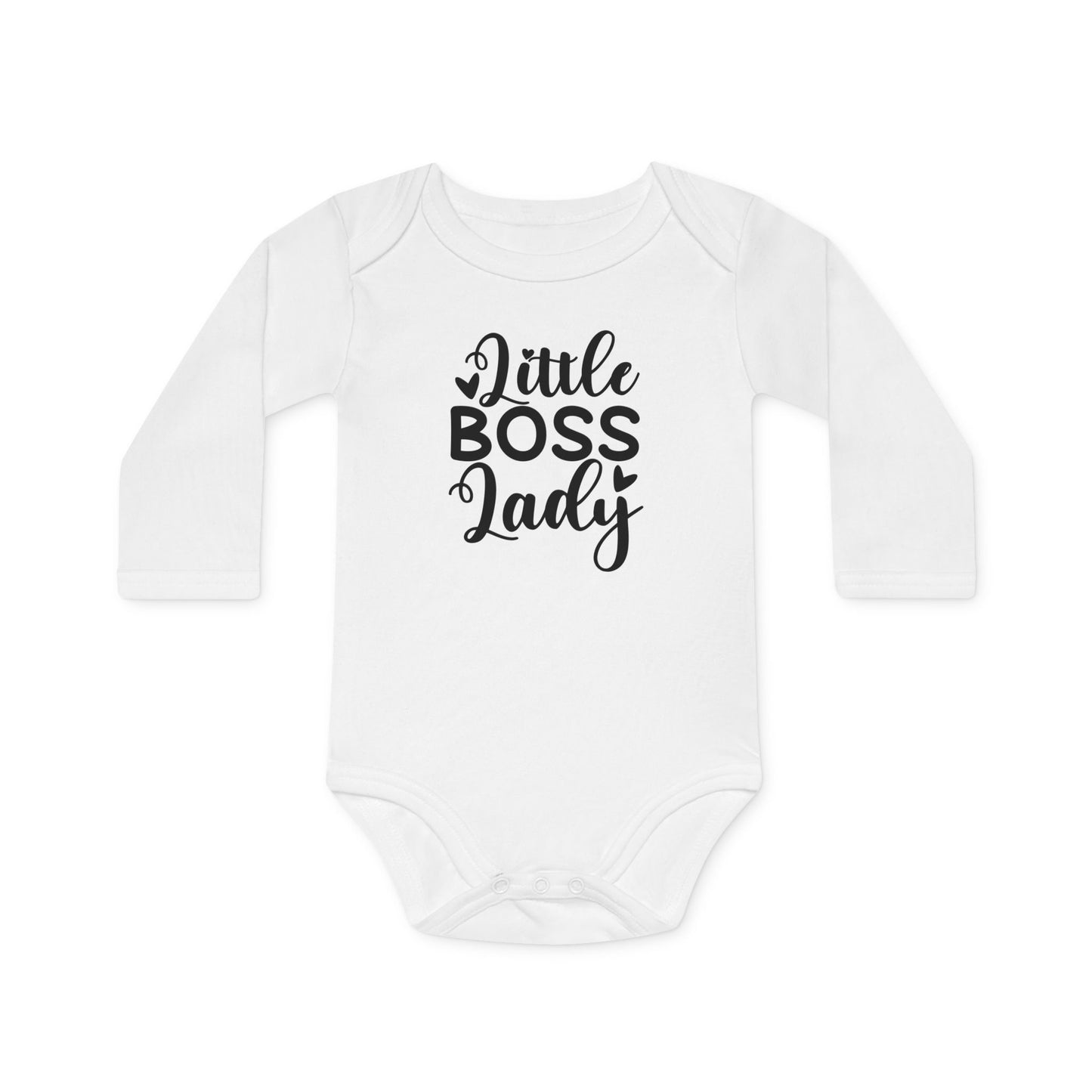 Langarm Baby und Kinder Bio Body mit Spruch "Little Boss Lady" - Unisex Bodysuit mit Aufdruck für Neugeborene und Kleinkinder - 100% Bio Baumwolle, 200 g/m², bis 18 Monate bzw. 86cm - White