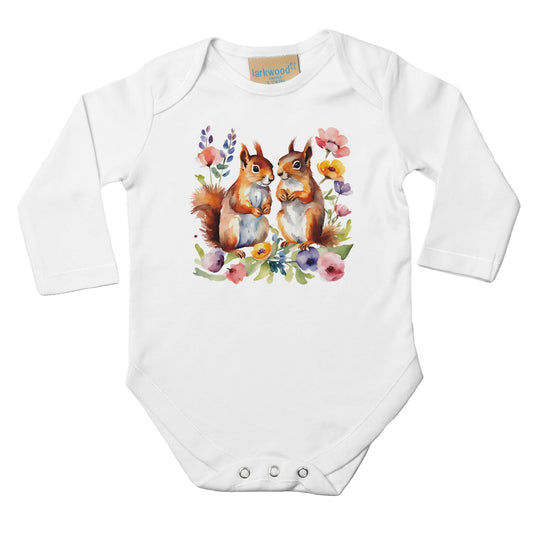 Unisex Baby Langarm Body mit Aufdruck - Eichhörnchen Mama und Baby mit Blumen - 100% Baumwolle - Größe bis 18 Monate bzw. 86 - Strampler Body mit Aufdruck -