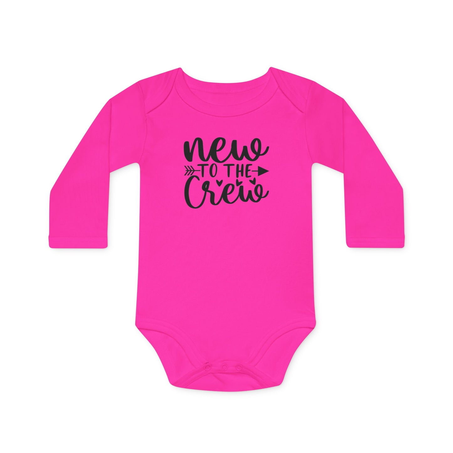 Langarm Baby und Kinder Bio Body mit Spruch "Mew to the crew" - Unisex Bodysuit mit Aufdruck für Neugeborene und Kleinkinder - 100% Bio Baumwolle, 200 g/m², bis 18 Monate bzw. 86cm - mehrere Farben und Größen - Fuchsia