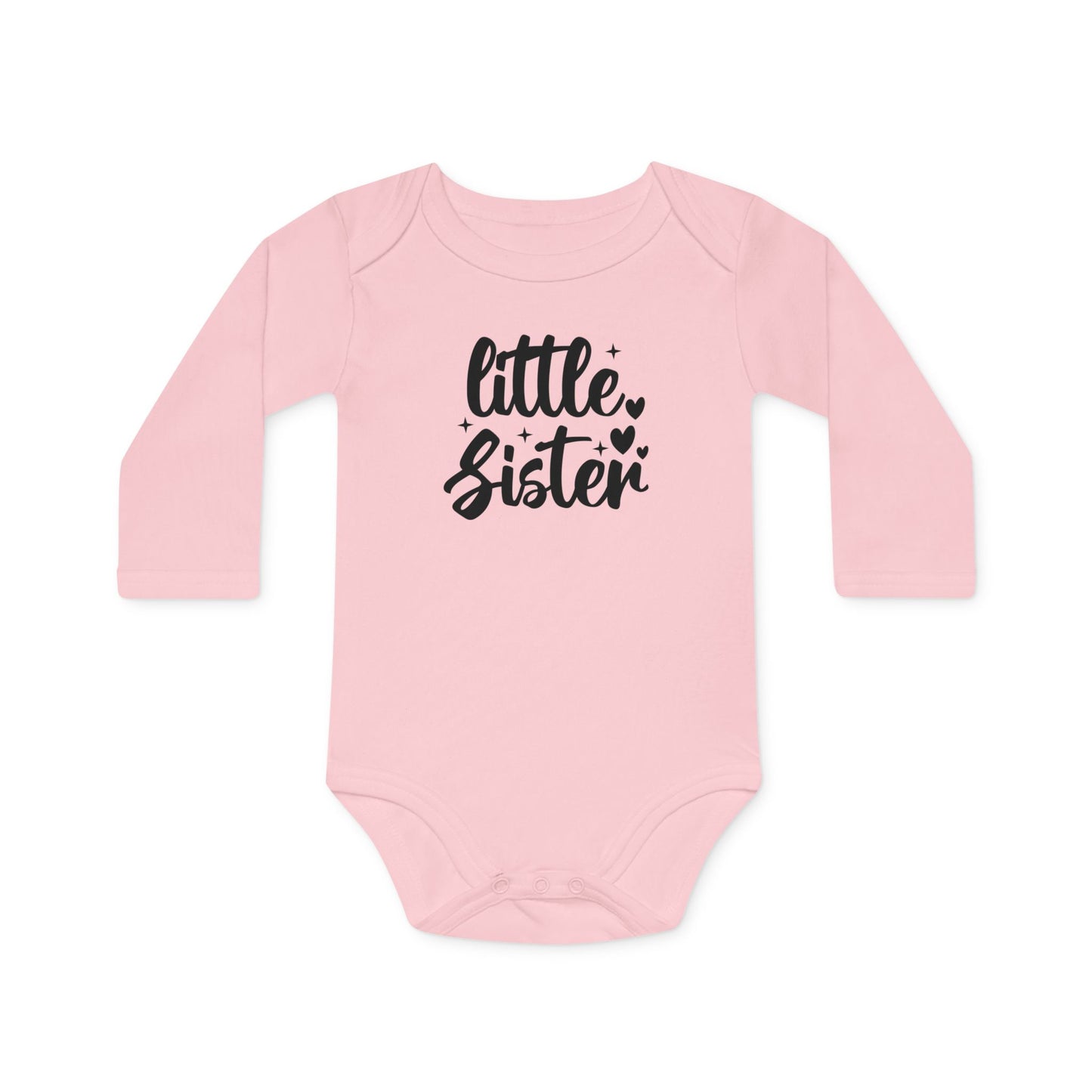 Langarm Baby und Kinder Bio Body mit Spruch "Little Sister" - Unisex Bodysuit mit Aufdruck für Neugeborene und Kleinkinder - 100% Bio Baumwolle, 200 g/m², bis 18 Monate bzw. 86cm - mehrere Farben und Größen - Powder Pink