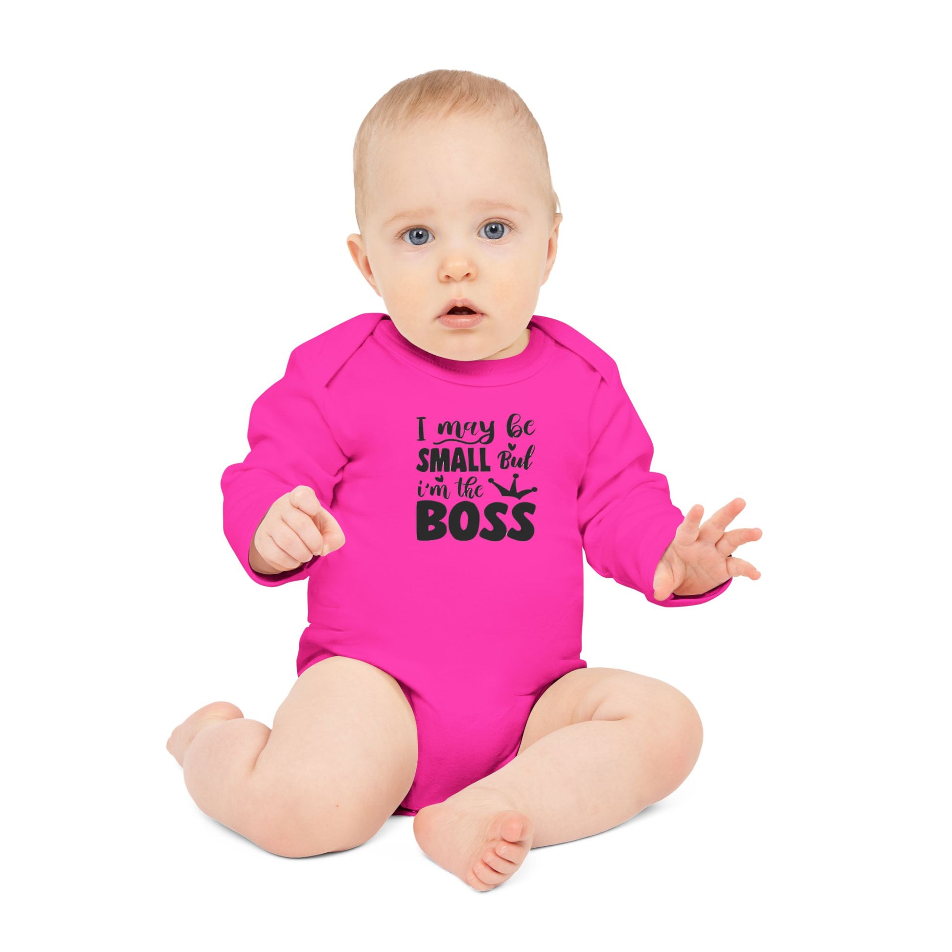 Langarm Baby und Kinder Bio Body mit Spruch "I may be small, but I´m the boss" - Unisex Bodysuit mit Aufdruck für Neugeborene und Kleinkinder - 100% Bio Baumwolle, 200 g/m², bis 18 Monate bzw. 86cm -